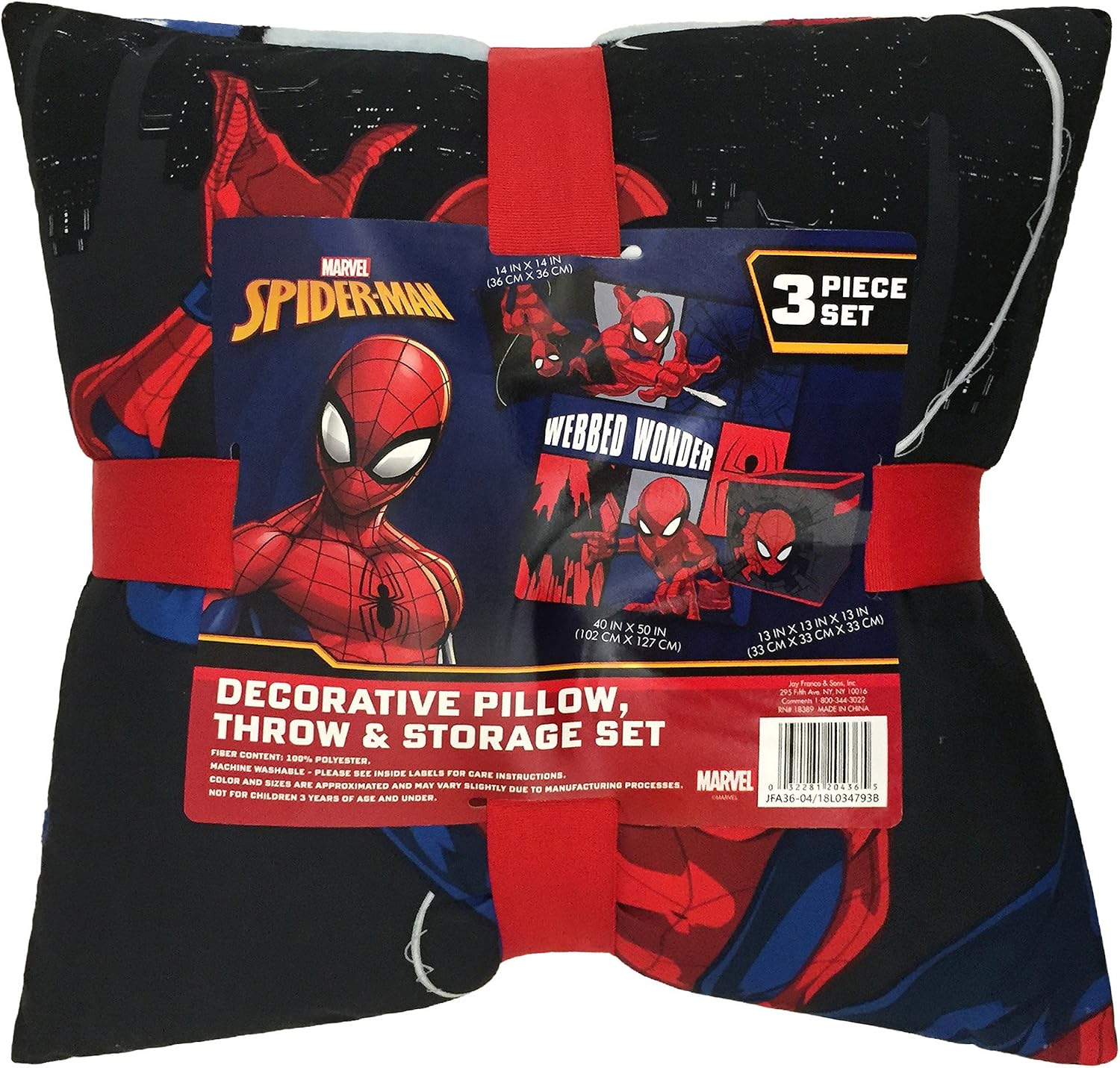 Jay Franco Marvel Spiderman Webbed Wonder Kids 3 Piece Storage Set Includes Plush Throw, Pillow, & Collapsible Storage Bin (Official Marvel Product)