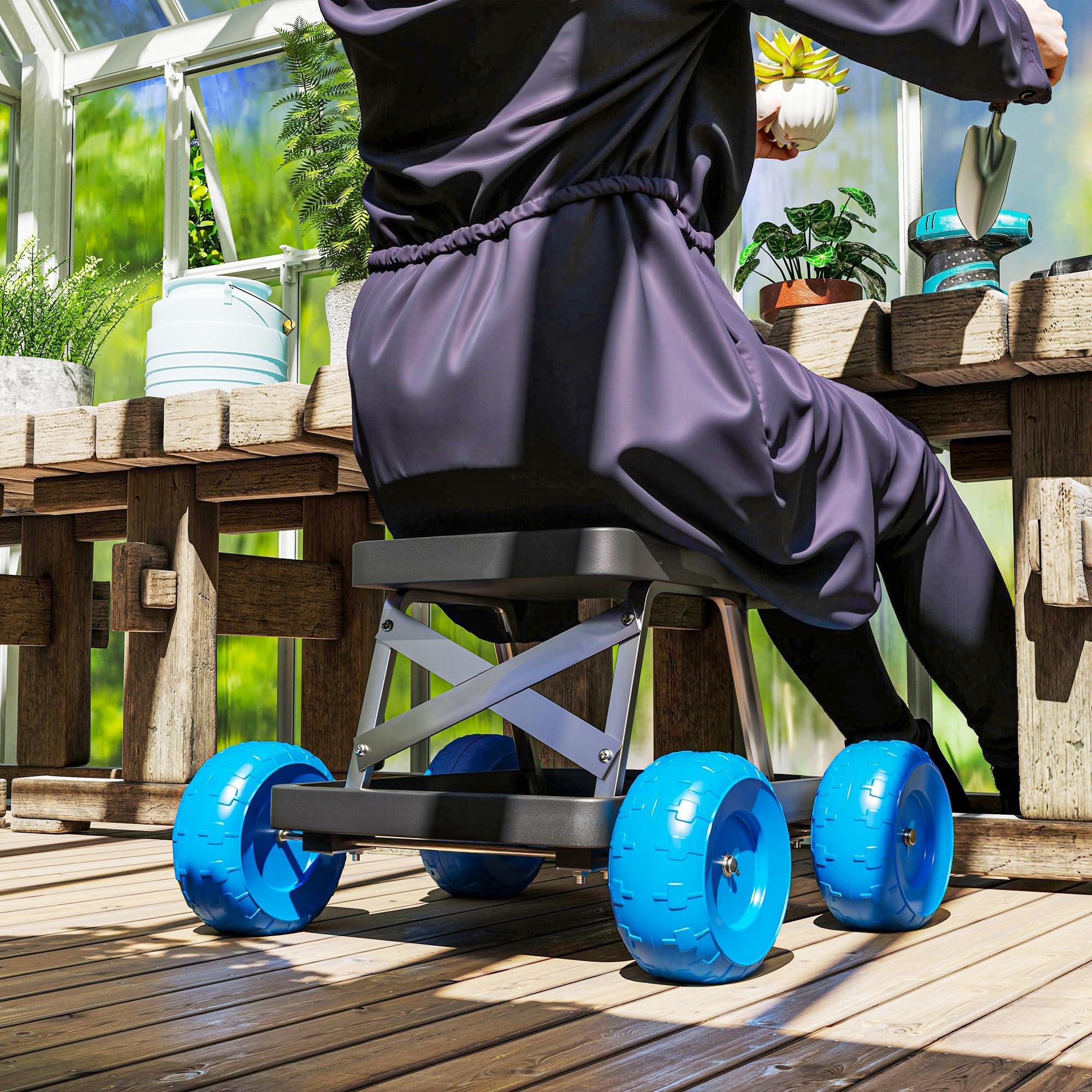 Outsunny Siège de Jardin sur Roues Tabouret de Jardinage Plateau à Outils Chariot Jardinage avec siège pour désherber, Planter, 50 x 49 x 32 cm Bleu