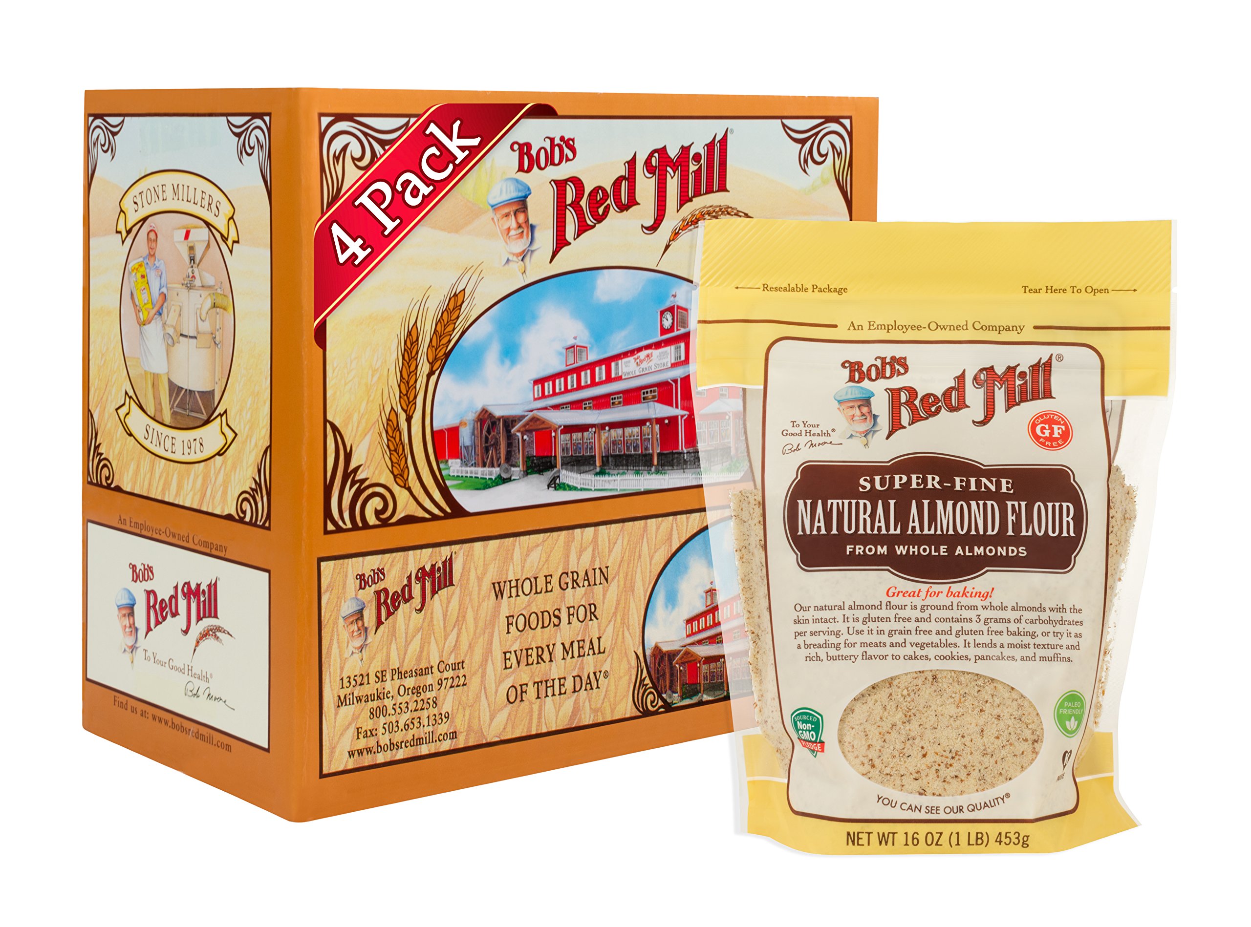 Bob's Red Mill Natural Almond Flour, 16oz (Pack of 4) - Non GMO, Vegan, Paleo Friendly, Keto Friendly, Kosher