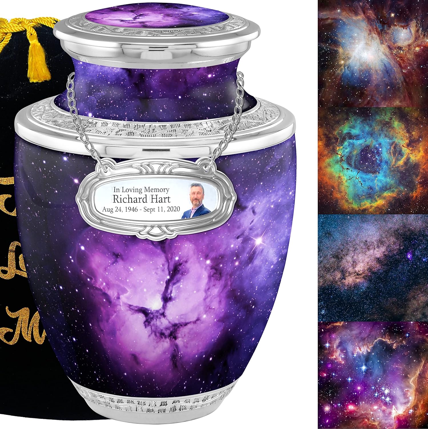 Personalized Medallion Purple Nebula Cremation Urns for Adult Ashes Male Female - 200lbs Burial Urns for Human Ashes - Handcrafted Funeral Decorative Urns for Ashes Adult Male with Velvet Bag