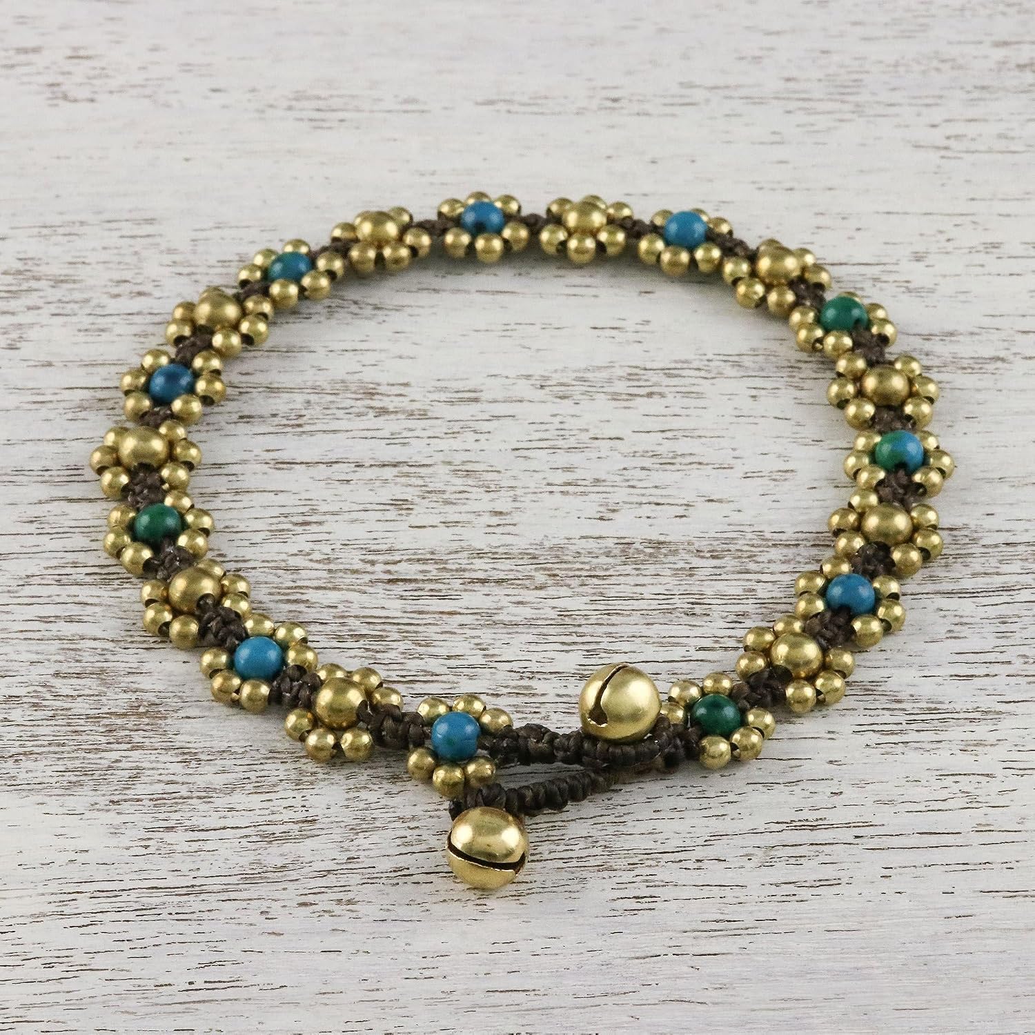 NOVICA Handmade Serpentine Beaded Anklet Adjustable from Thailand Brass Bohemian [9.25 in min L x 9.75 in max L 11 mm W] 'Musical Dream'