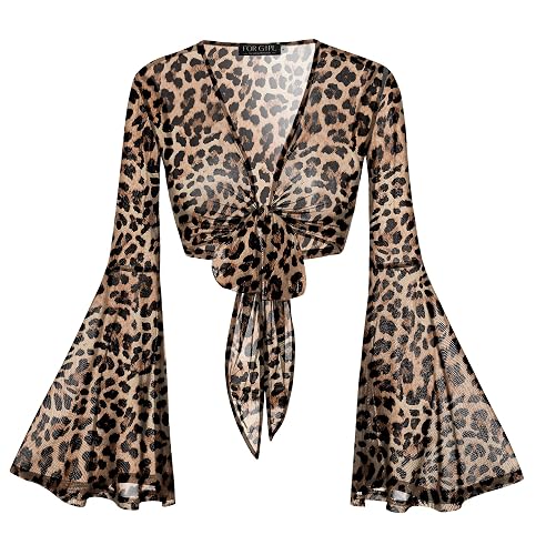 For G and PL Women Tie Front Bell Sleeve Rave Crop Tops Floral Print Hippie Mesh Sheer Shirt