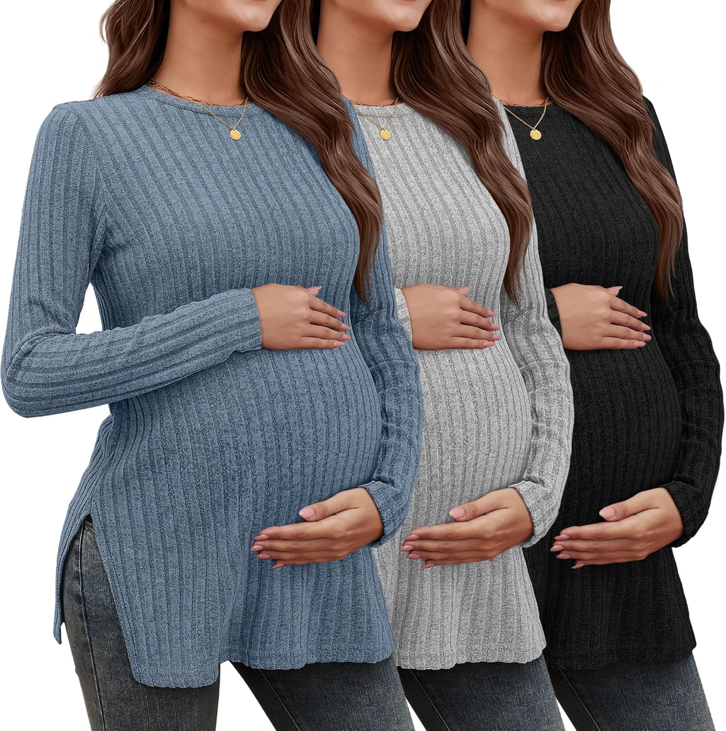 3 Pack Women's Maternity Shirts, Ribbed Long Sleeve Pregnancy Sweaters Knit Split Side Crew Neck Tunic Tees Tops