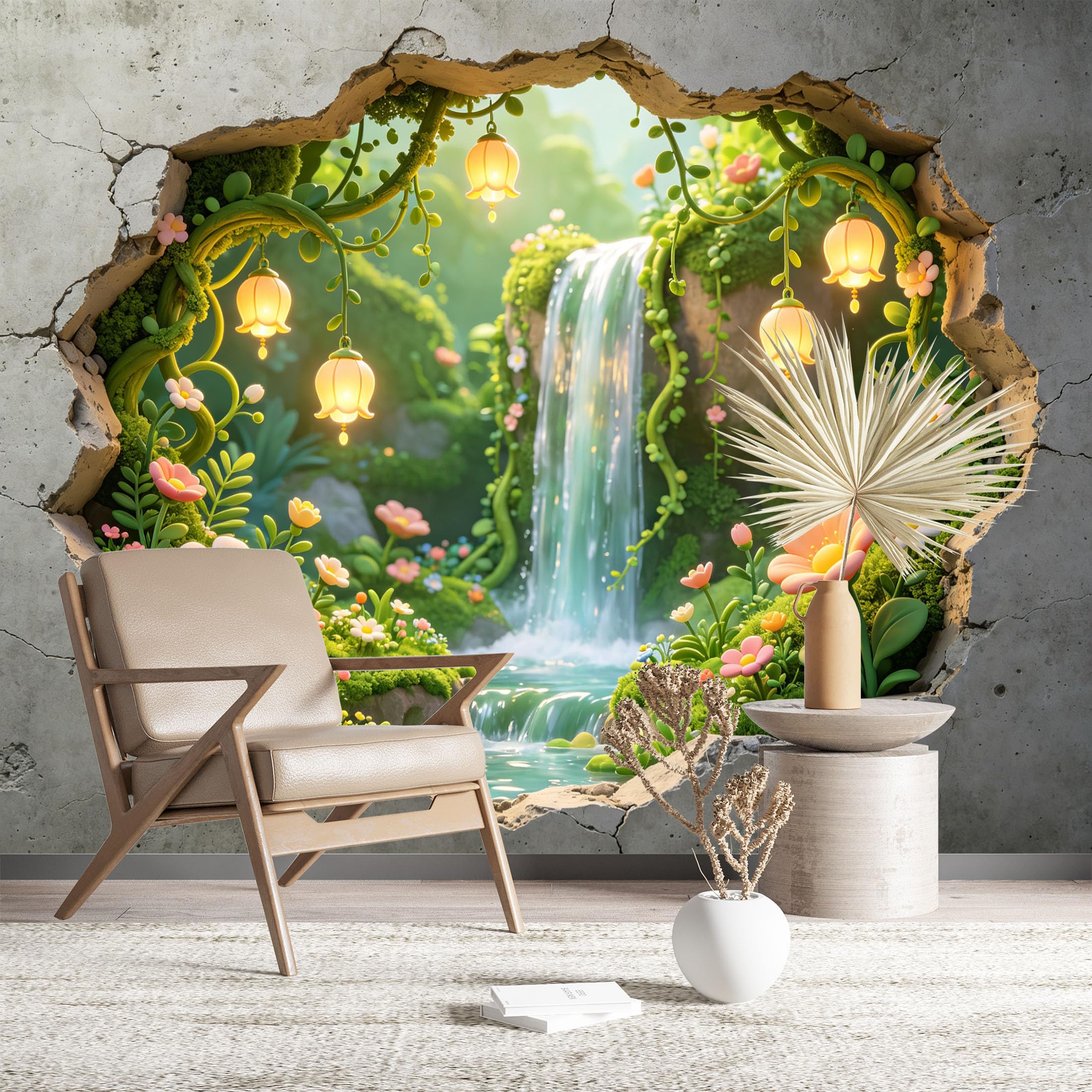 Custom Size Wall Murals Magical Waterfall Through Cracked Wall Self-Adhesive Wall Fabric (NO PVC) Removable Wallpaper for Kids Room Bedroom