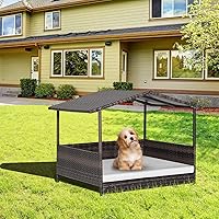 Vista 2 de Tangkula Casa de mimbre para perros, cama elevada de ratán para interiores y exteriores con cojín extraíble, funda lavable, techo impermeable