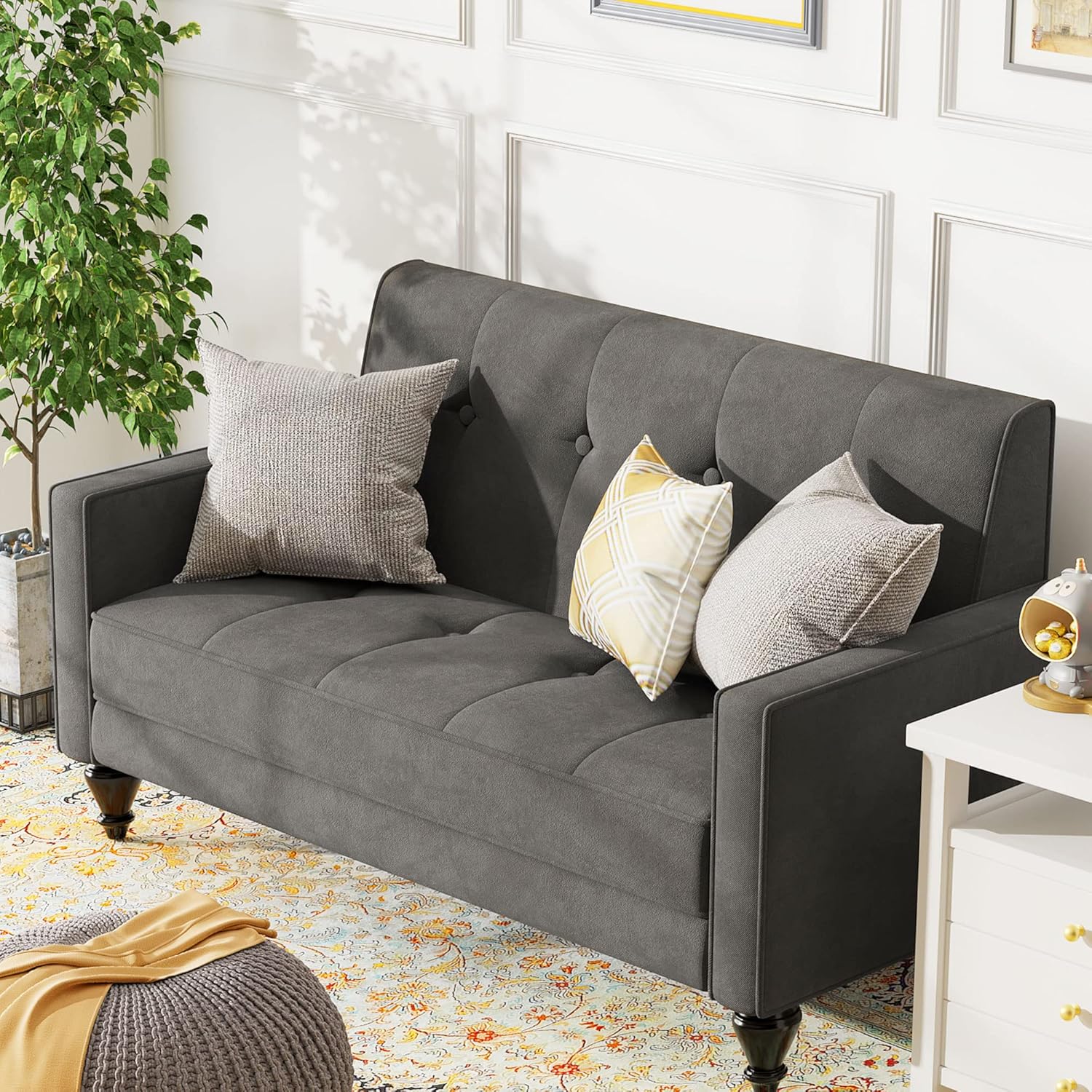 Velvet Love Seat Mini Couch Settee Loveseat Bench for Living Room, Upholstered Small Loveseat Sofa with Tufted Padded Cushion, Mid Century Modern Grey Love Seat