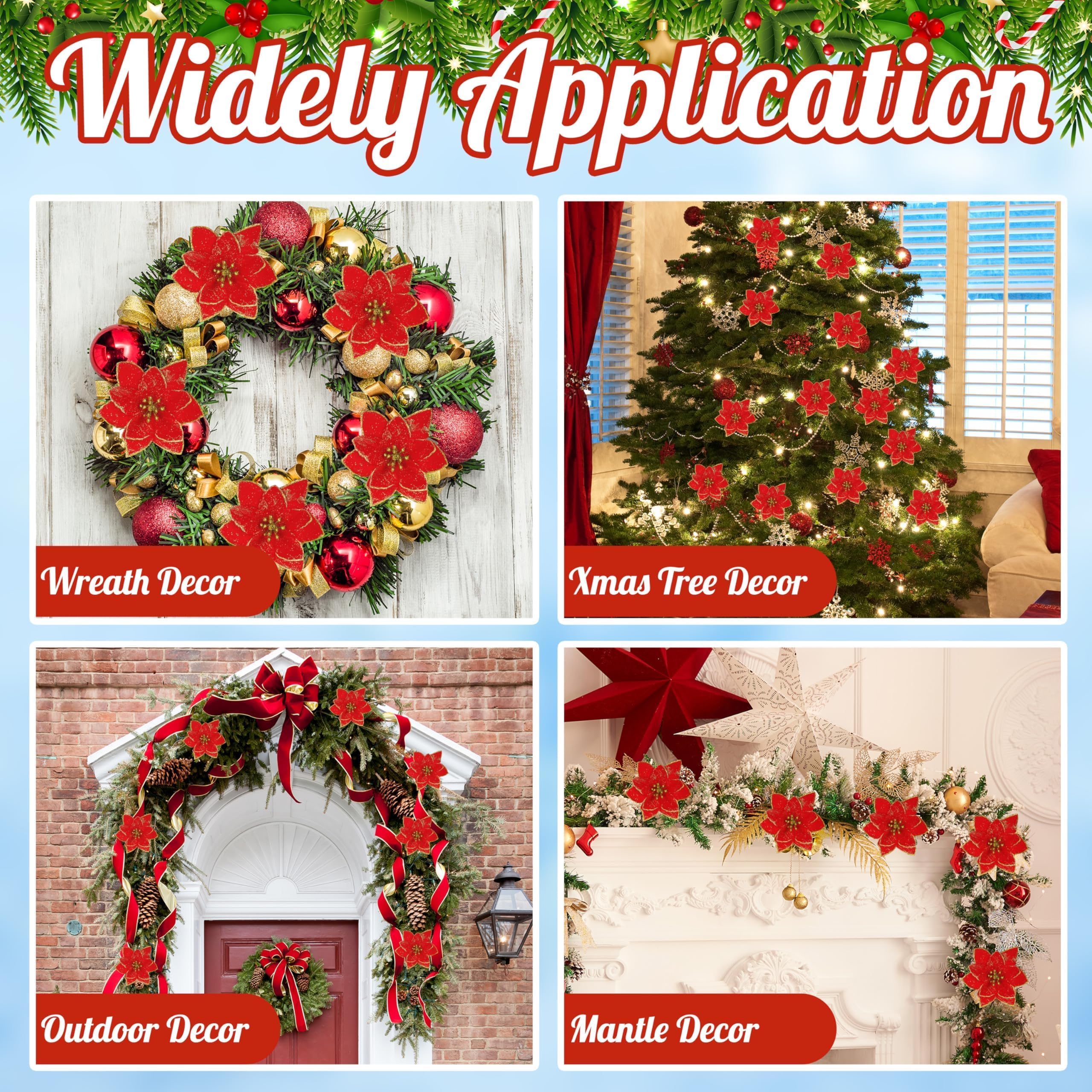 OCTERIC 36 flores de Pascua artificiales con purpurina con clips, corona de Navidad, adornos de árbol de Navidad para decoración de árbol de Navidad, coronas, decoración de vacaciones (rojo)