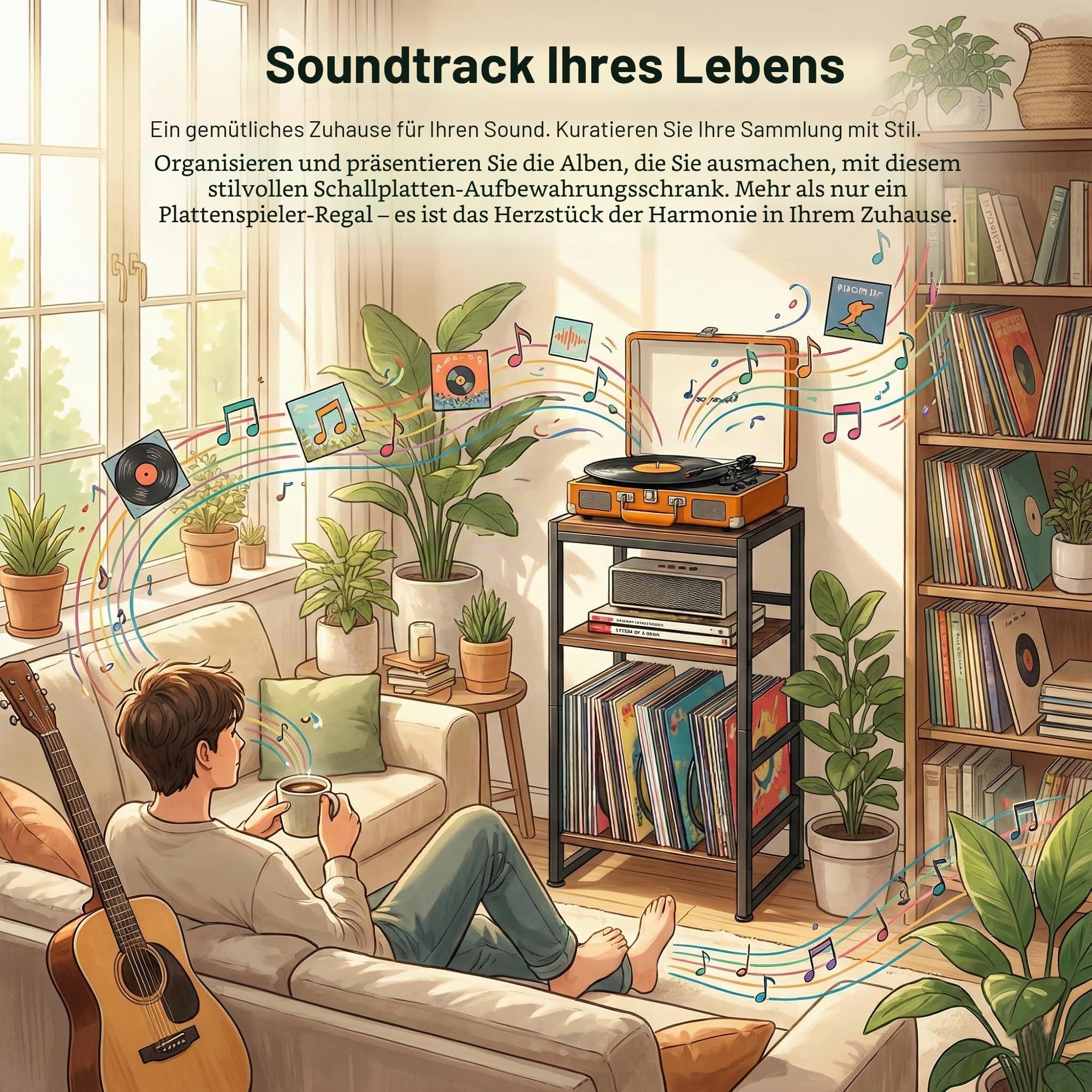 Plattenspieler-Ständer, 3 Etagen Beistelltisch,Plattenspielertisch Aufbewahrung von Schallplatten, bis zu 120 Alben, Tisch für Wohnzimmer, Schlafzimmer, Vintagebraun (Rustikal Braun)