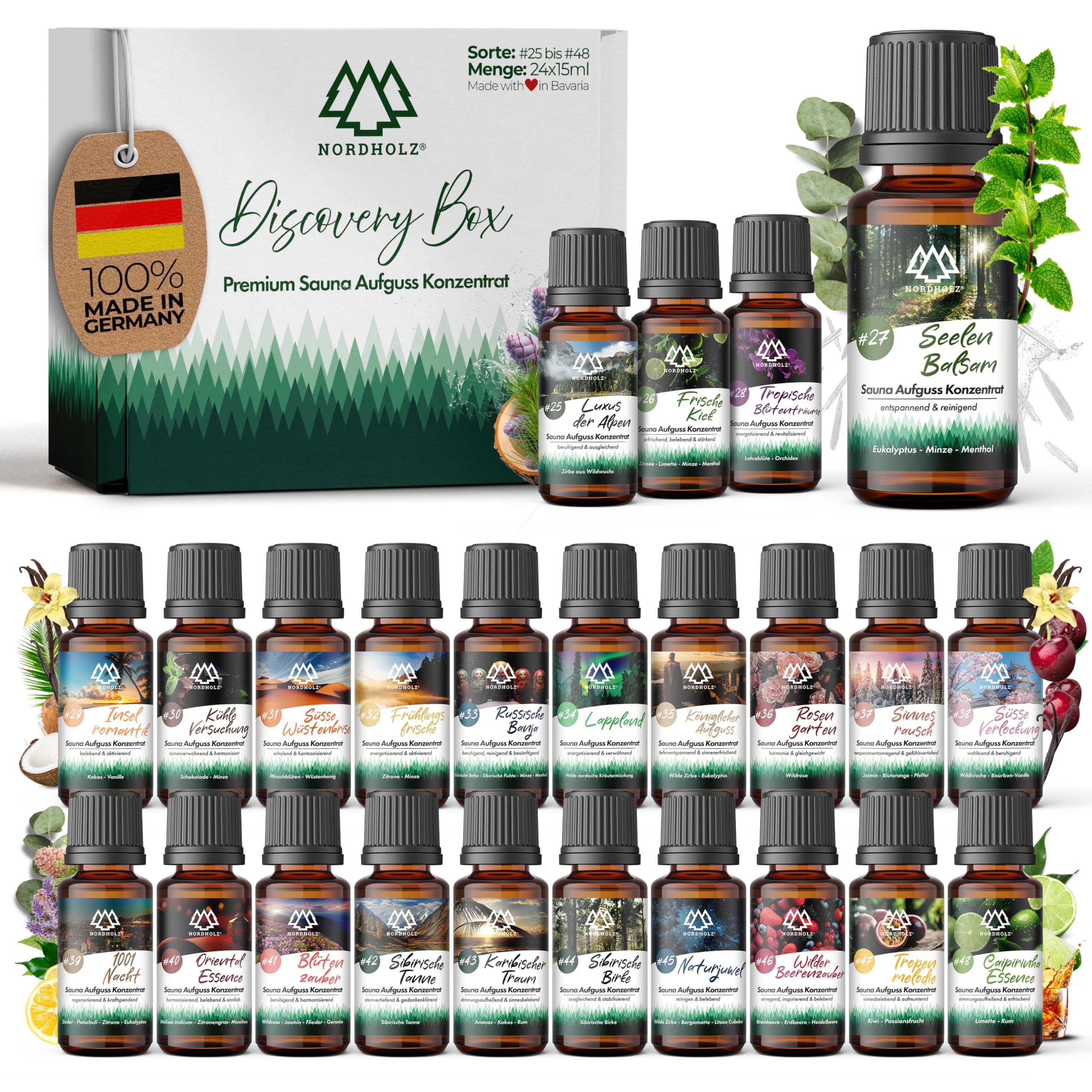NORDHOLZ® Saunaaufguss Discovery Box 24x15ml [ #25-#48 NATURREINE ÄTHERISCHE ÖLE] Sauna Aufgussmittel - Sauna Aufguss aus Franken - Sauna Zubehör