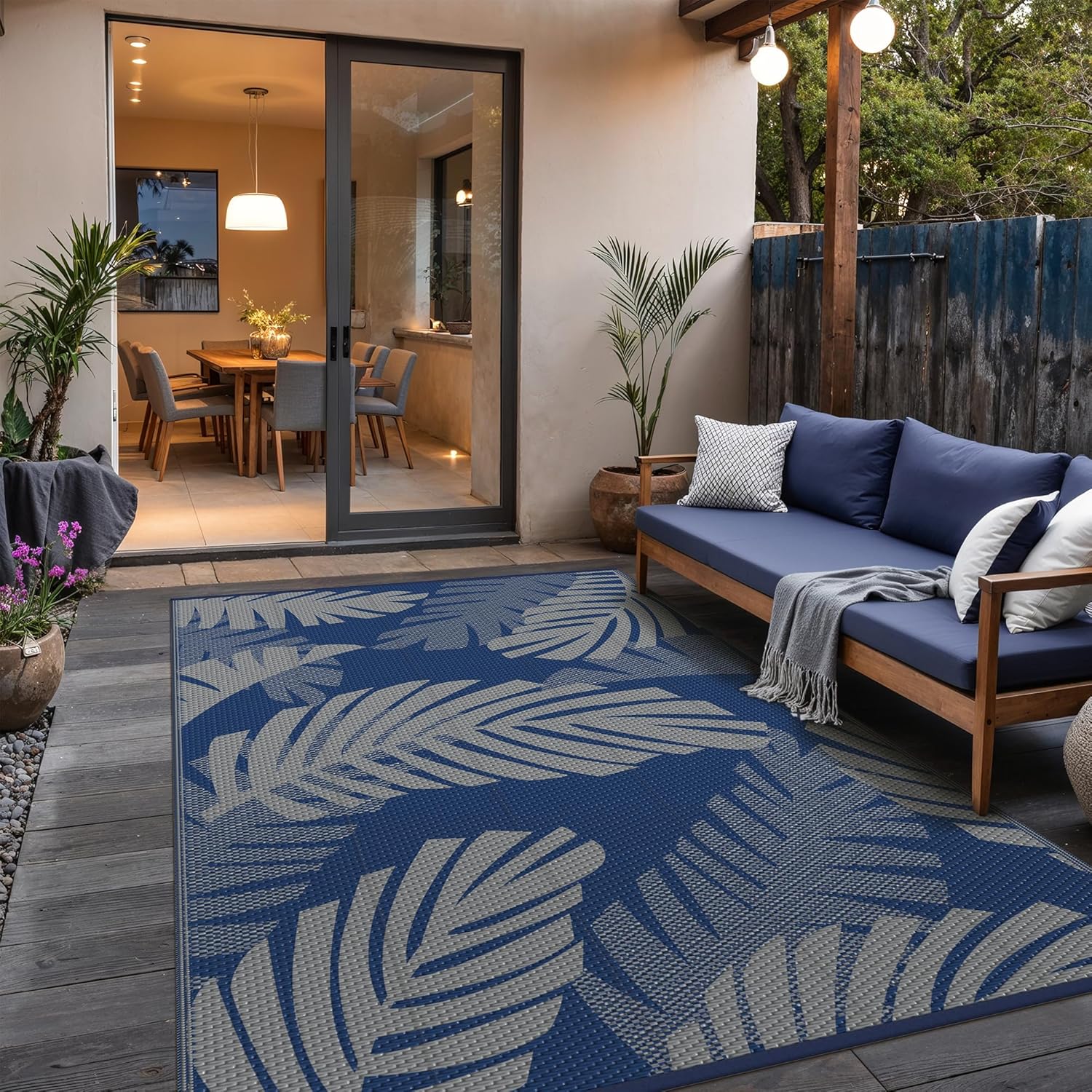 GENIMO Waterproof Outdoor Rug 9' x 12' for Patio Decor, Reversible Plastic Straw Area Rugs for Camping Clearance, RV Mat, Large Outside Carpet for Porch, Deck, Picni, Balcony, Garden, Blue & Grey