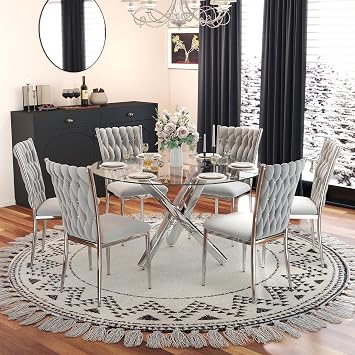 Round Glass Dining Table Set for 6, 47 Modern Tempered Glass Table Set with Square Silver Base & 6 Luxury Light Grey High Back Velvet Woven Dining Chairs, 7-Piece High-End Dinette Table Set