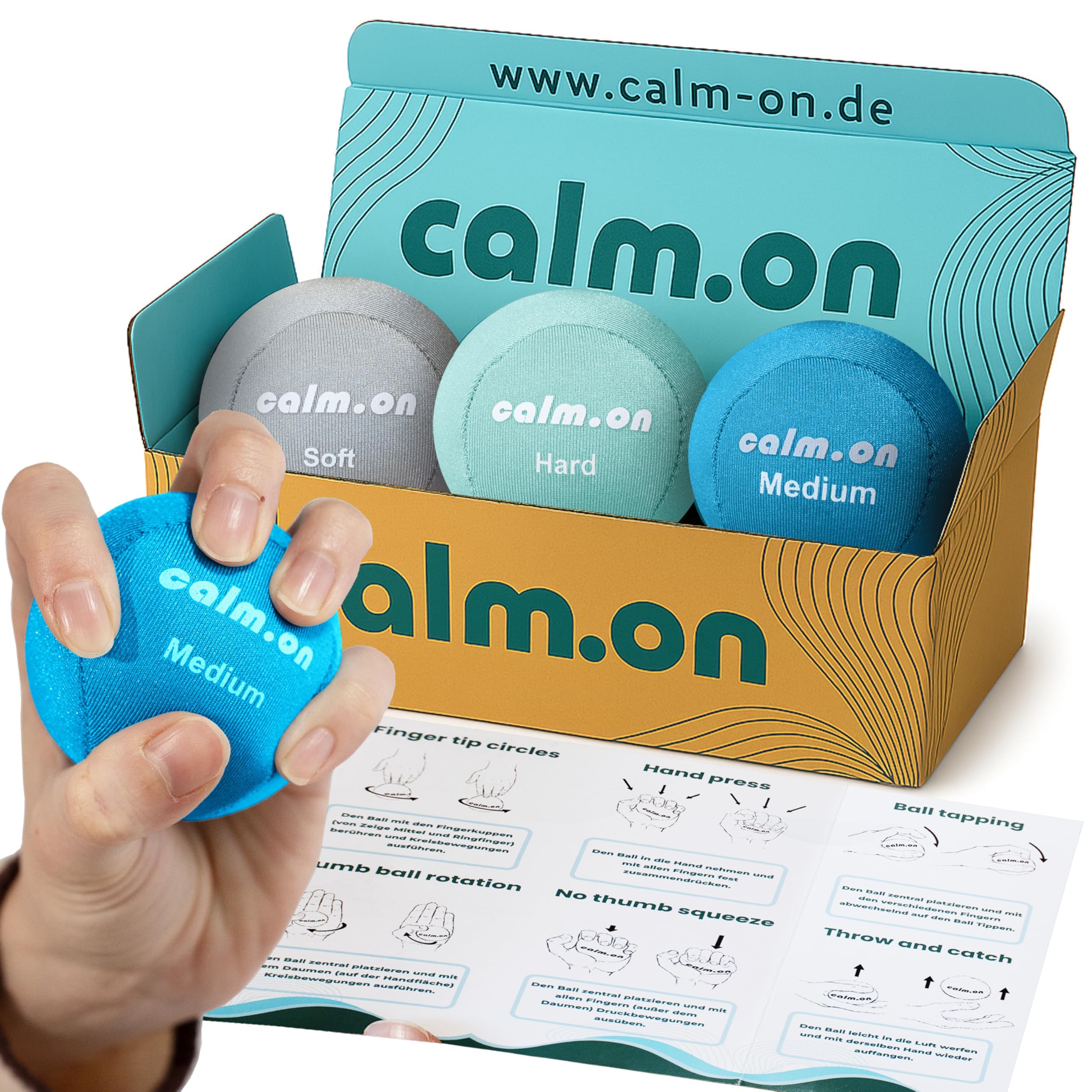Calm.on, Anti Stress Bälle, Stressball, Handtrainer und Fingertrainer in 3 Stärken und Farben, Stressball-Set für Erwachsene und Kinder inkl. Booklet mit 12 Übungen, Stress.off Pastell