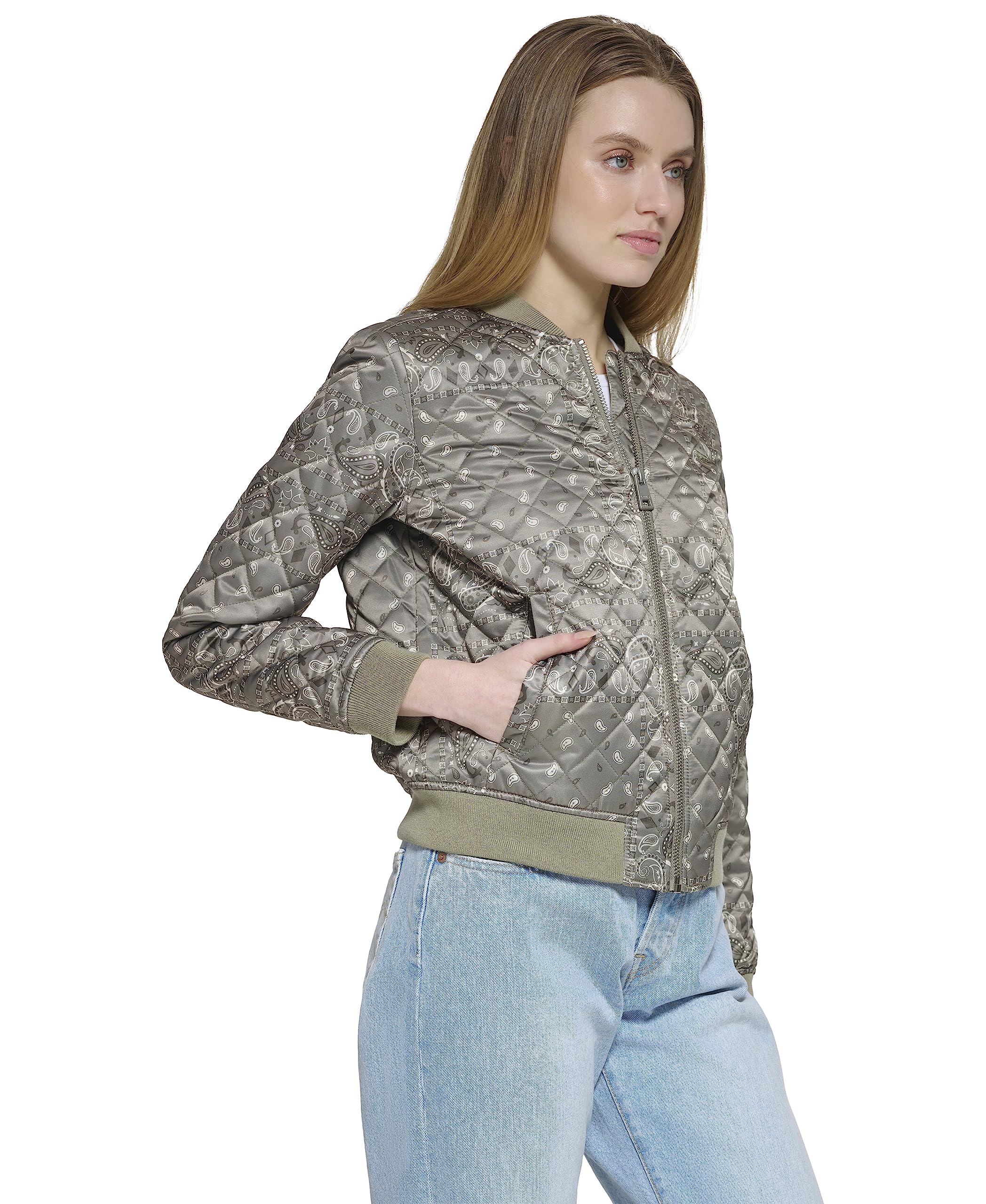 Levi's Damen Women's Diamond Quilted Bomber Jacket with Front Pockets-Regular & Plus Sizes Jacke, Grünes verblasstes Bandana, S – Ansicht 3