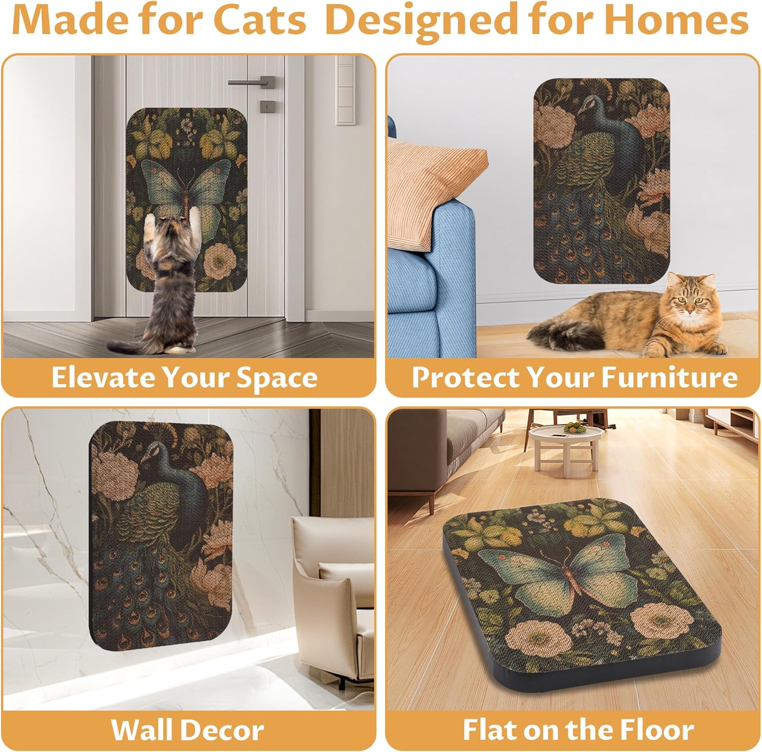 2 Pack Art Cat Scratcher, Wall-Mountable Cat Scratch Pad, Cat Wall Scratcher 16.7x11x1 Inch Cat Scratching Board for Indoor Cats Toy(Butterfly &Peacock)
