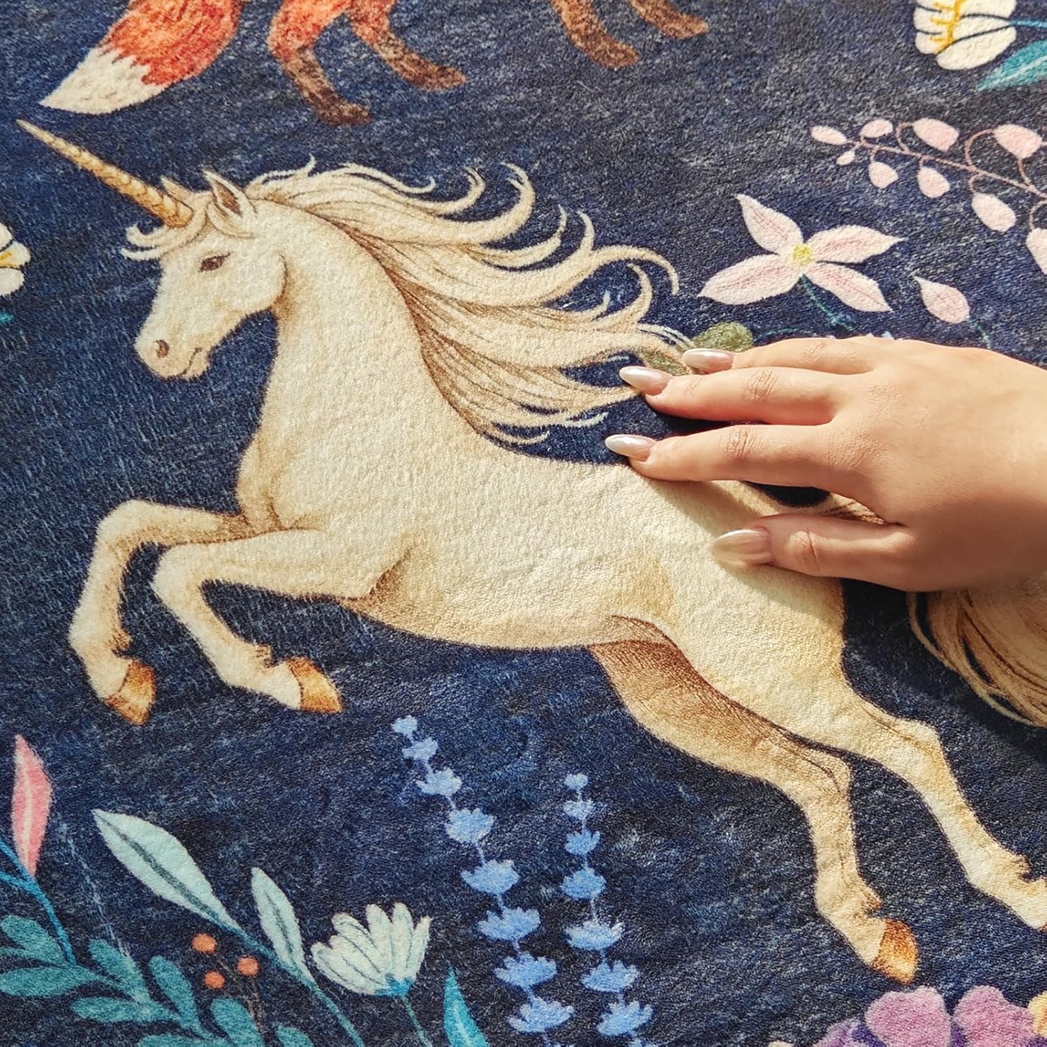 jinchan Moonrise Area Rug 8x10 Kids Room Rug Washable Unicorn Rug Soft Non-Slip Low Pile Fairytale Woodland Animals Floral Carpet for Classroom Nursery Playroom Bedroom Living Room Midnight Navy Blue