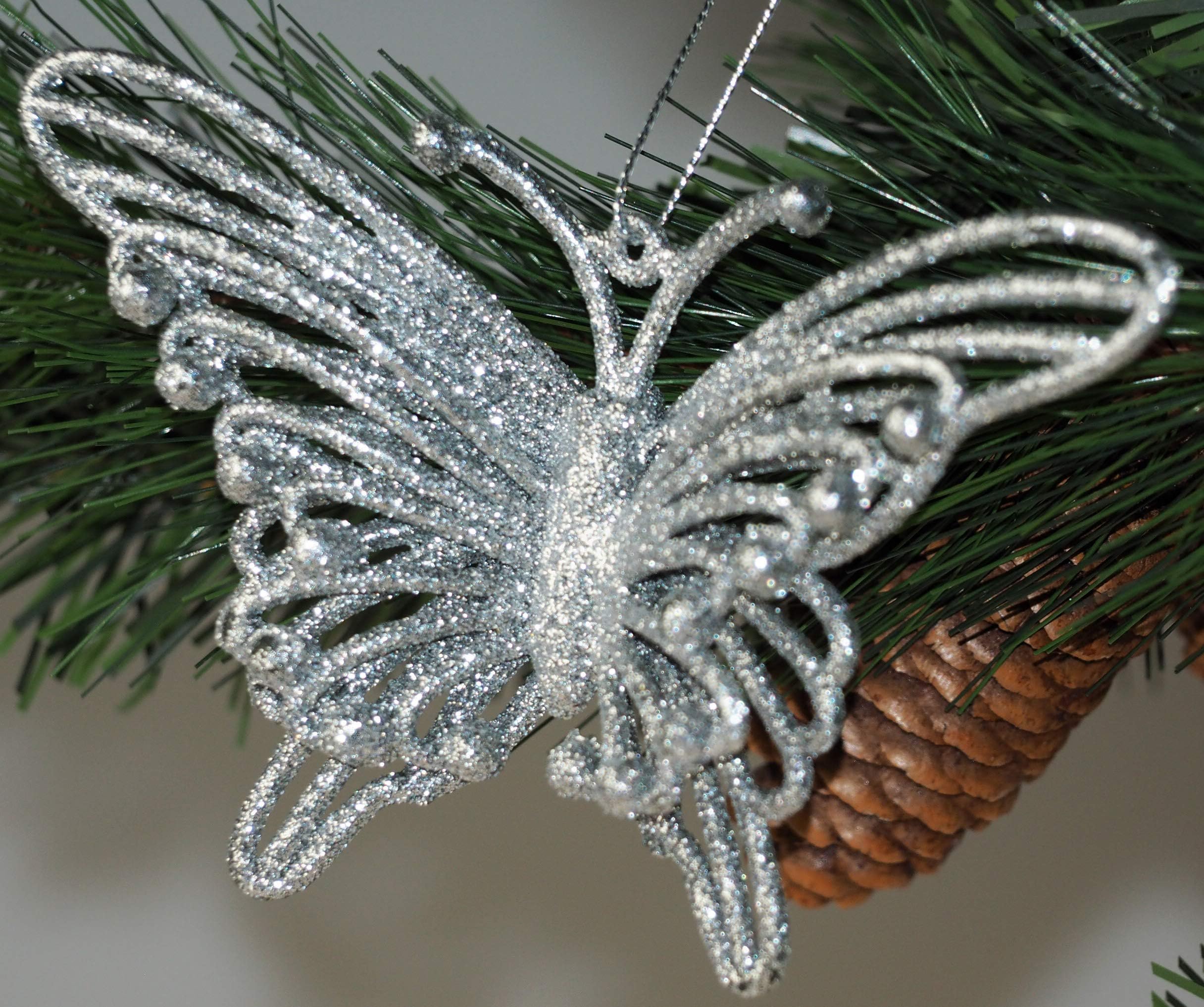 BWG Set Of 6 Glitter 3D Butterfly Christmas Tree Baubles Decorations - Silver