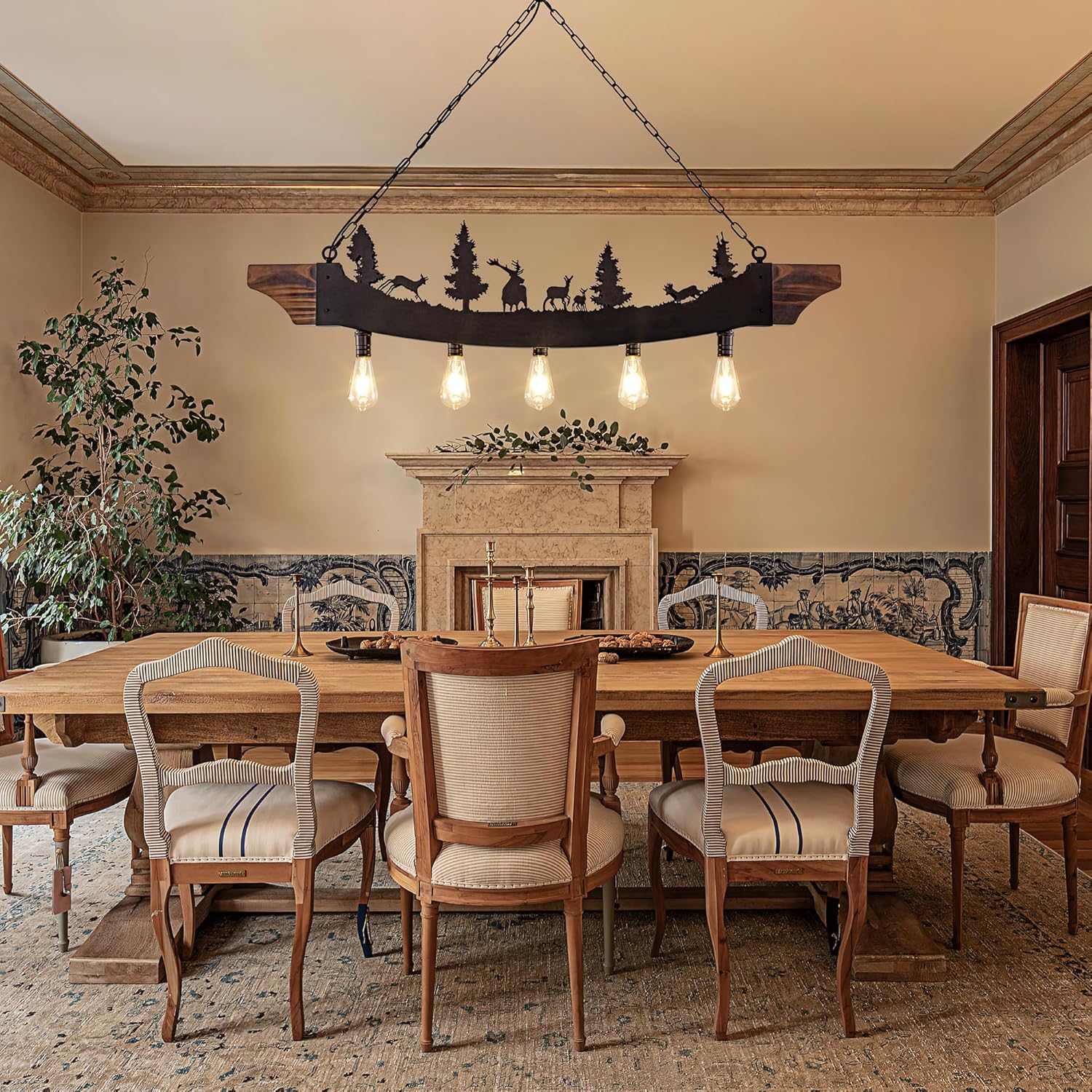 TOCHIC Pool Table Light, 3 Lights Tiffany Billiard Pool Table Lights and 51.2" Black Farmhouse Chandelier, 5 Lights Rustic Dining Room Light Fixture