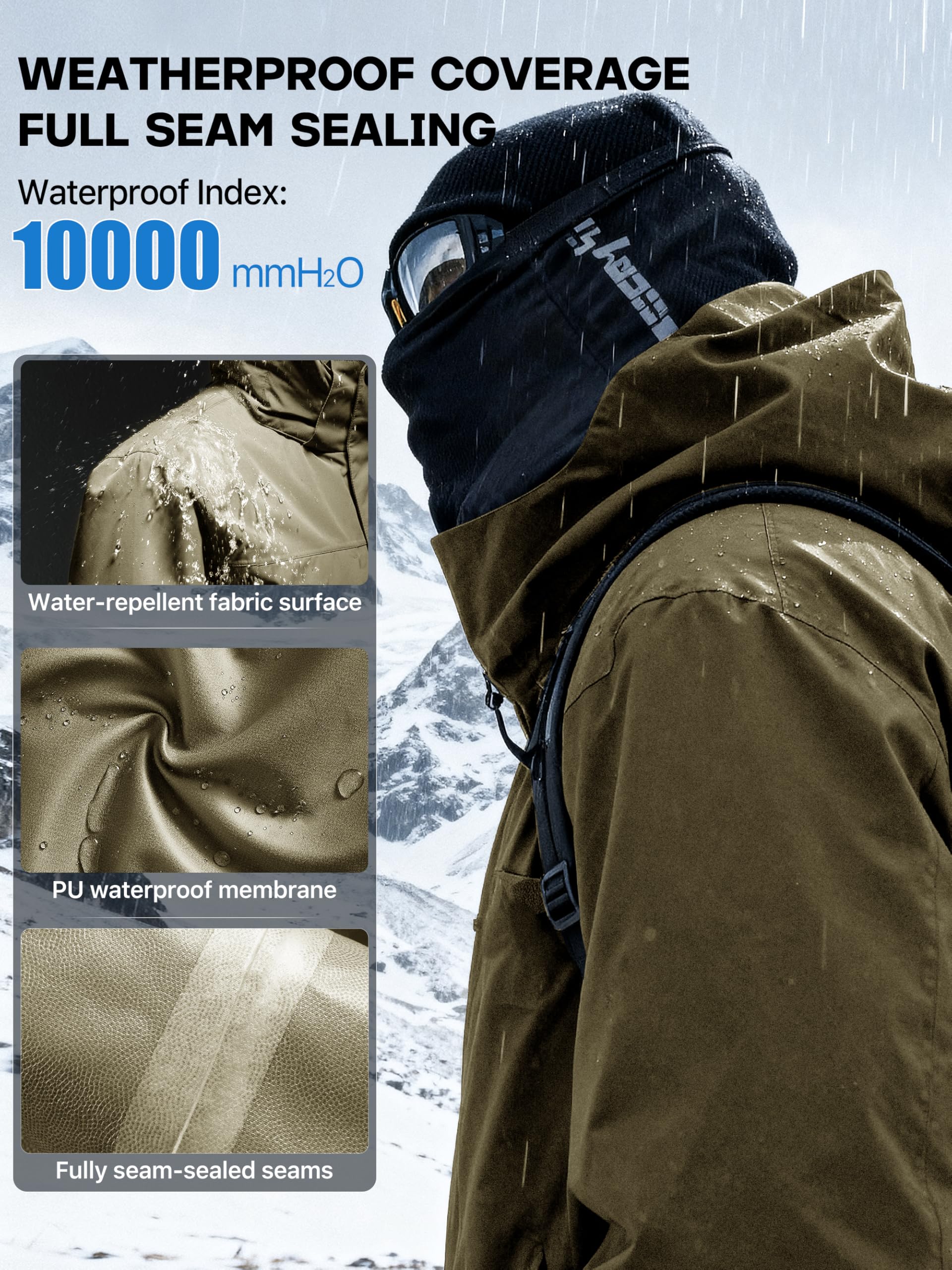 FREE SOLDIER Chaqueta de esquí impermeable para hombre, forro polar, abrigo de nieve cálido con capucha y costuras totalmente selladas