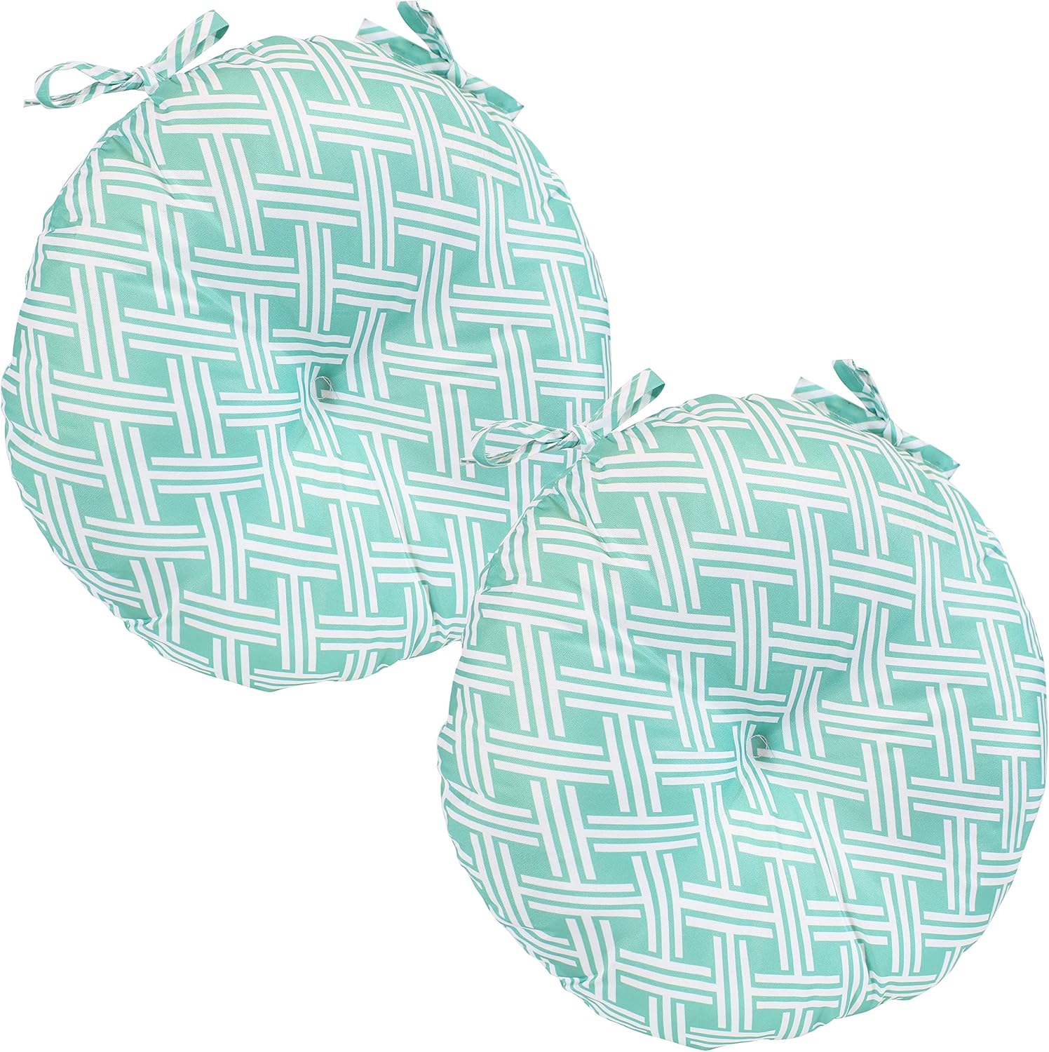 Sunnydaze Polyester Outdoor Bistro Seat Cushions - Set of 2-15-Inch Diameter Cozy Round Seat Cushions for Outdoor Chairs - Perfect for The Porch, Lawn, or Deck - Green Woven Diamond