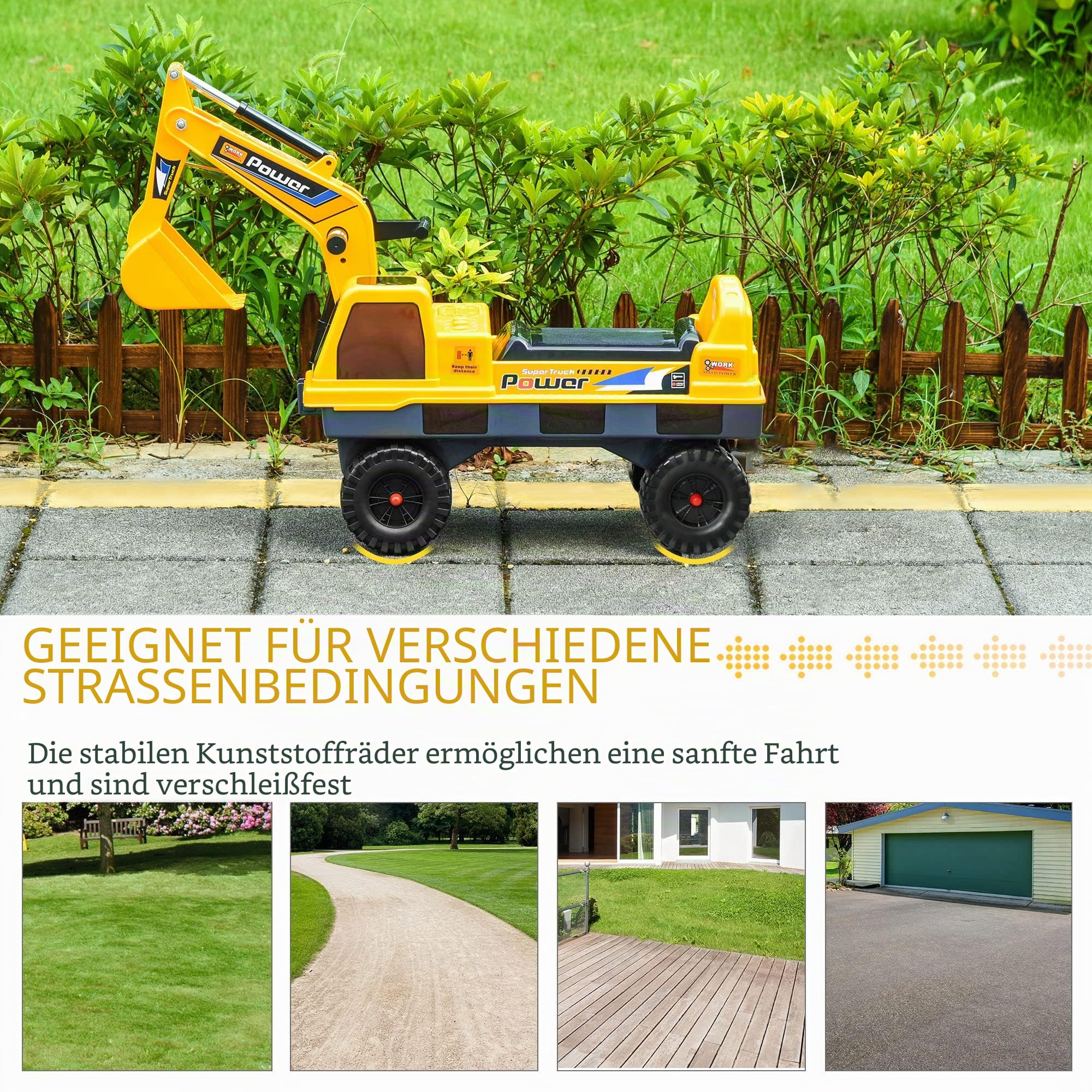 Homcom Kinder Tritor Lauflernhilfe Traktor 2 – 3 Jahre Bagger mit Gelenk, mit Zange inkl. Soundeffekte, Polypropylen, Gelb