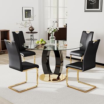 RGZ 5 PCS Luxury Glass Round Dining Table Set, 47 Modern Circle Glass Top Kitchen Table with Black Gold Legs & 4 Black PU Faux Leather Chairs for Apartment Home Leisure Gold Bottom