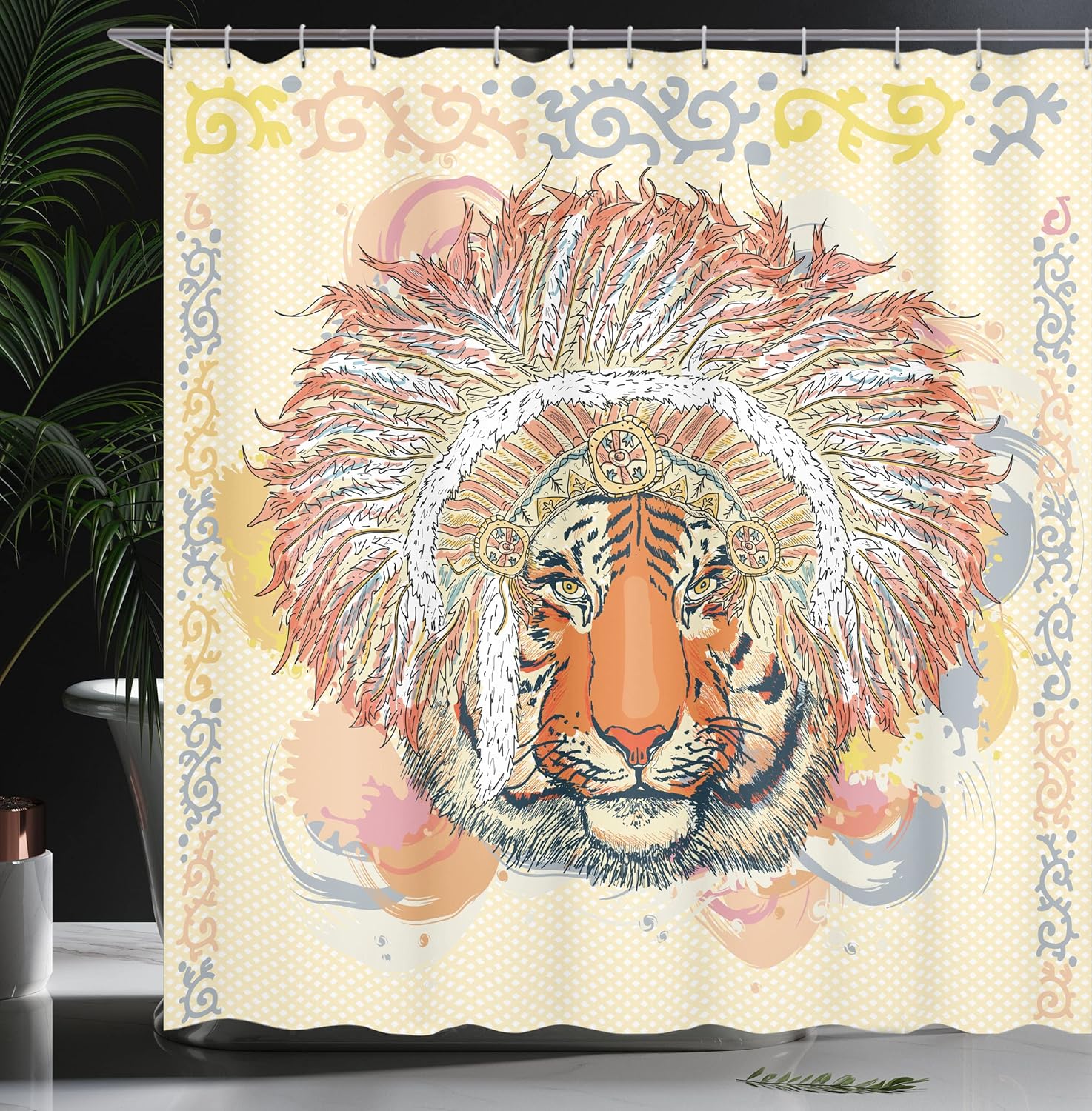 Ambesonne Tribal Shower Curtain, Savannah Tiger Portrait with Chef Feathers Bohemian Design Bohemian Pastel, Cloth Fabric Bathroom Decor Set with Hooks, 69" W x 70" L, Orange and Peach