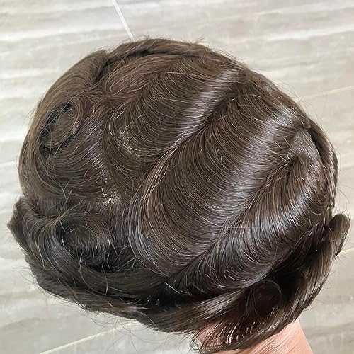 Miniatura 3 de Tupé de poliuretano fino transparente para hombre con bucle en V de 0.002 in, sistema de reemplazo de cabello humano real, tupé para hombres, piel