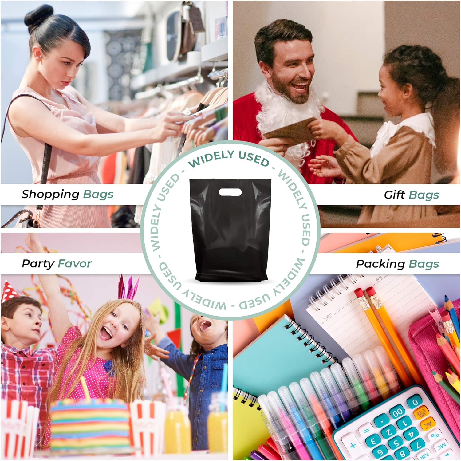 1000 Pack Black Merchandise Bags 12 x 15 Inches, 1.25 Mil Thick Glossy Plastic Retail Shopping Bags with Die Cut Handles, Recyclable Bulk Bags for Stores, Events, Gifts