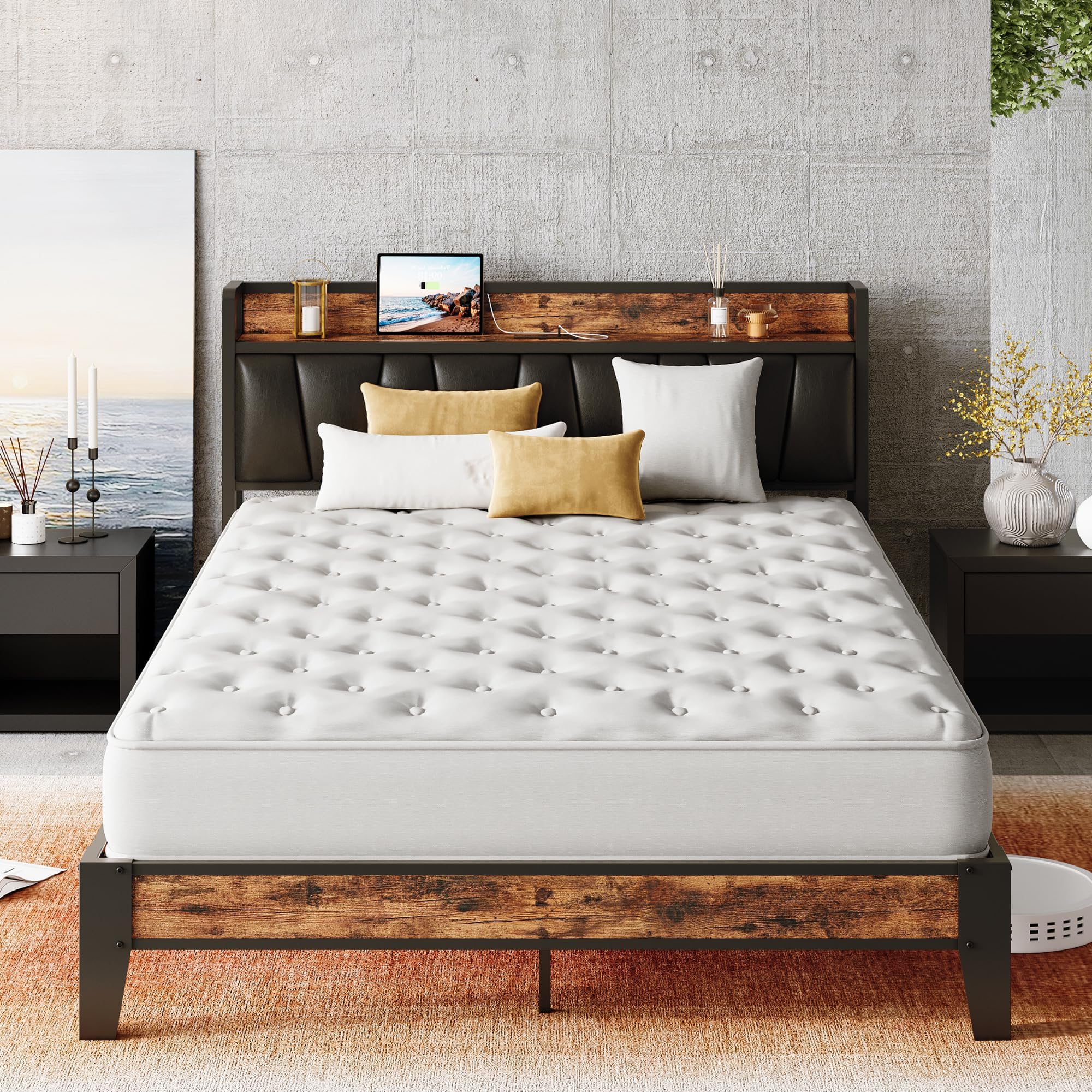 Full XL Bed Frame, Storage Headboard with Charging Station, Solid and Stable, Noise Free, No Box Spring Needed, Easy Assembly(Vintage and Black)