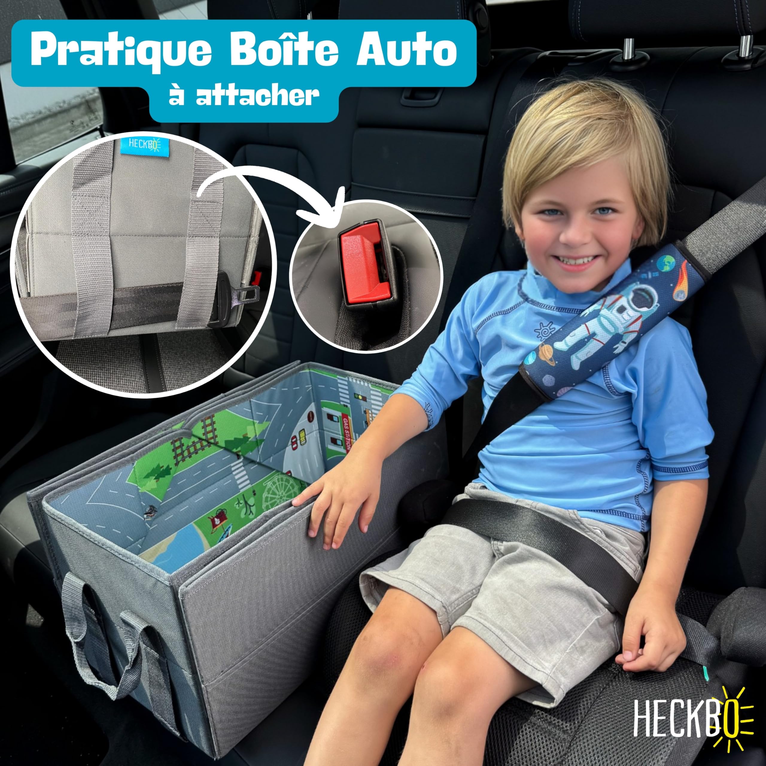 HECKBO Organisateur de voiture et tapis de jeu 4 en 1 - Boîte de rangement de jouets pour enfants - Tapis de jeu pliable avec motif de rue - Fixation sûre dans la voiture, 91cm x 72cm