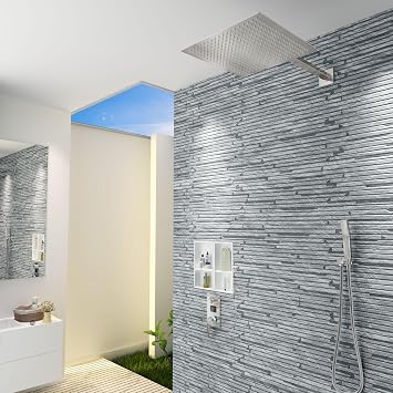 16 Inch Square Rain Shower Head, 304 Stainless Steel, Ultra Thin High Pressure Bathroom Rainfall Showerhead (Brushed Nickel) (324 Jets)