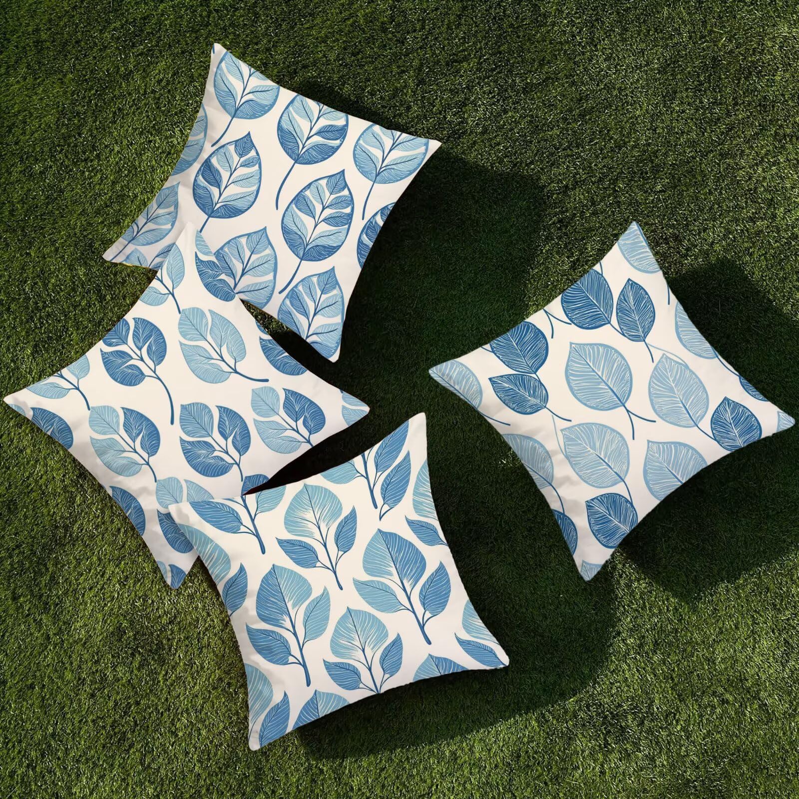 Outdoor Kissenbezug 65x65cm 4er Set Outdoor Wetterfest Kissenbezüge Blau Wasserdichte Leinen Dekorative Kissenhülle Frühling Sommer Zierkissenbezug für Balkon Terrasse Bett Garten Deko (Blätter) O-08