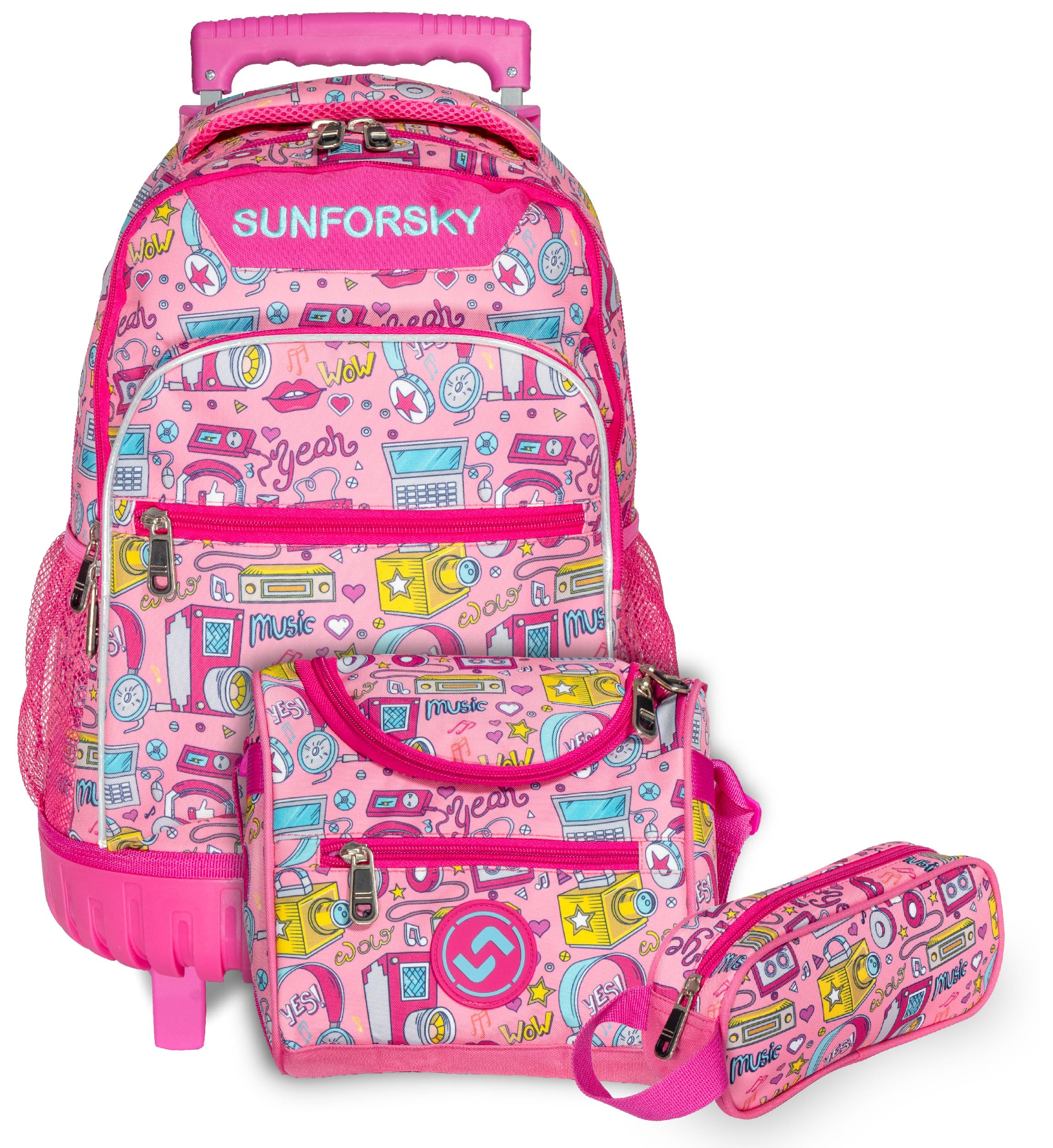 SUNFORSKY Zaino scuola con ruote per bambini e ragazze, trolley per zaino scolastico, include astuccio per matite e borsa per snack, convertibile per appendere la schiena, Modello rosa