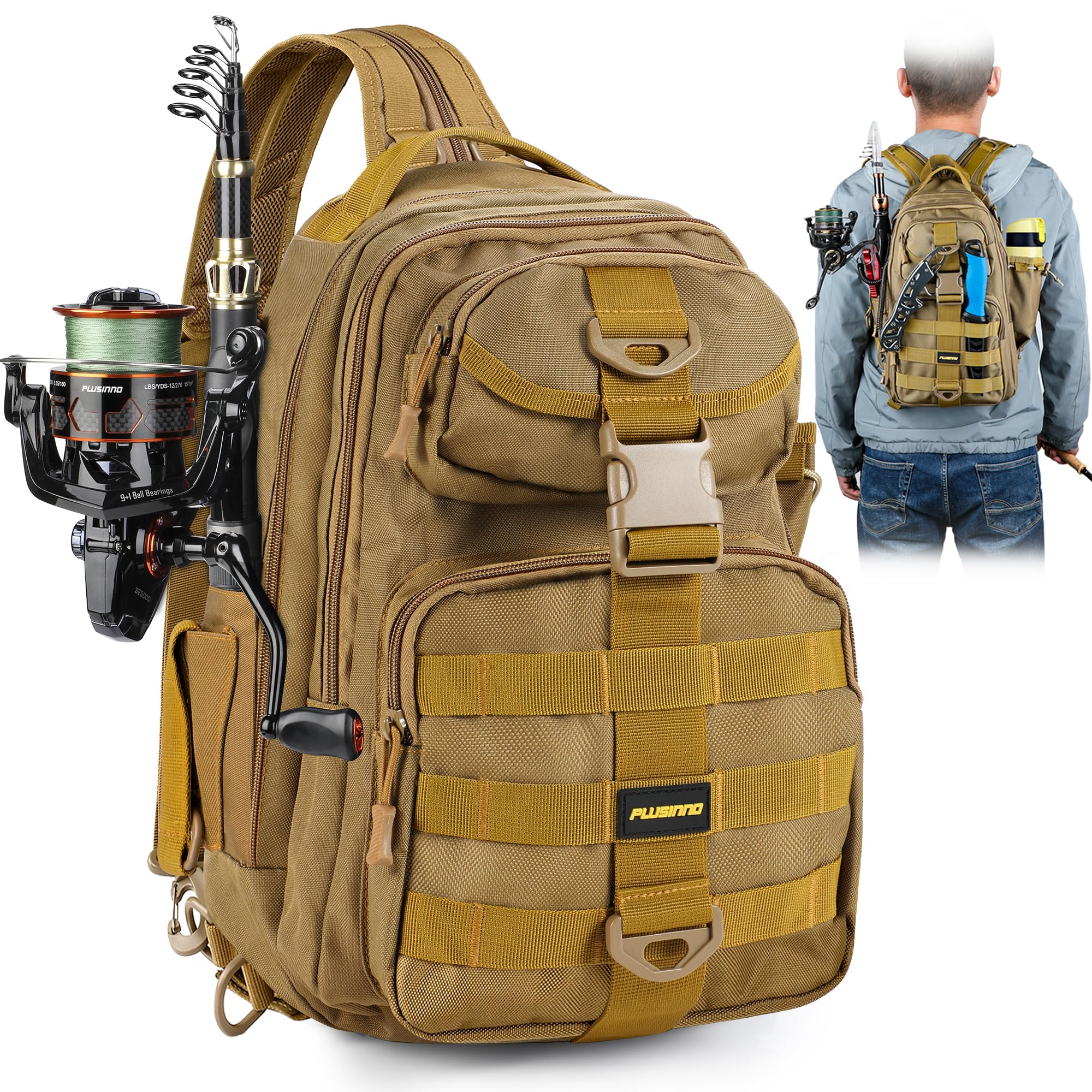 PLUSINNO Fishing Backpack Tackle Bag, Water-Resistant Backpack with Rod Holder, Ideal Gifts for Men