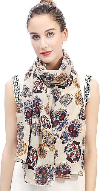 Lina & Lily Day of the Dead Sugar Skull Print Large Scarf Shawl Lightweight