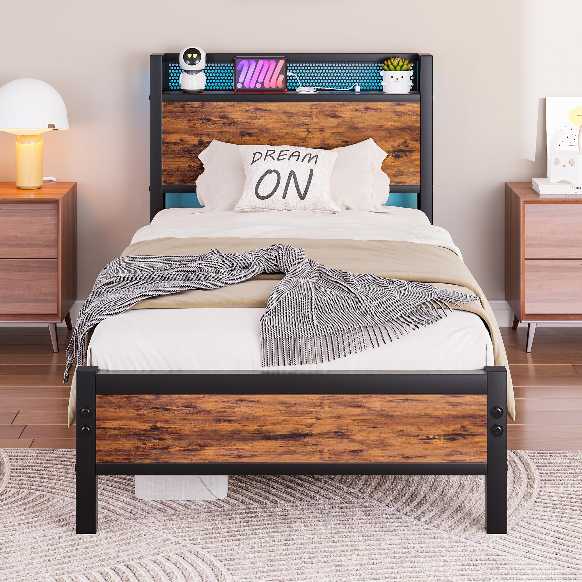 Diahomy 3ft Single Bed Frame with LED Lights&Charging Station,Brown