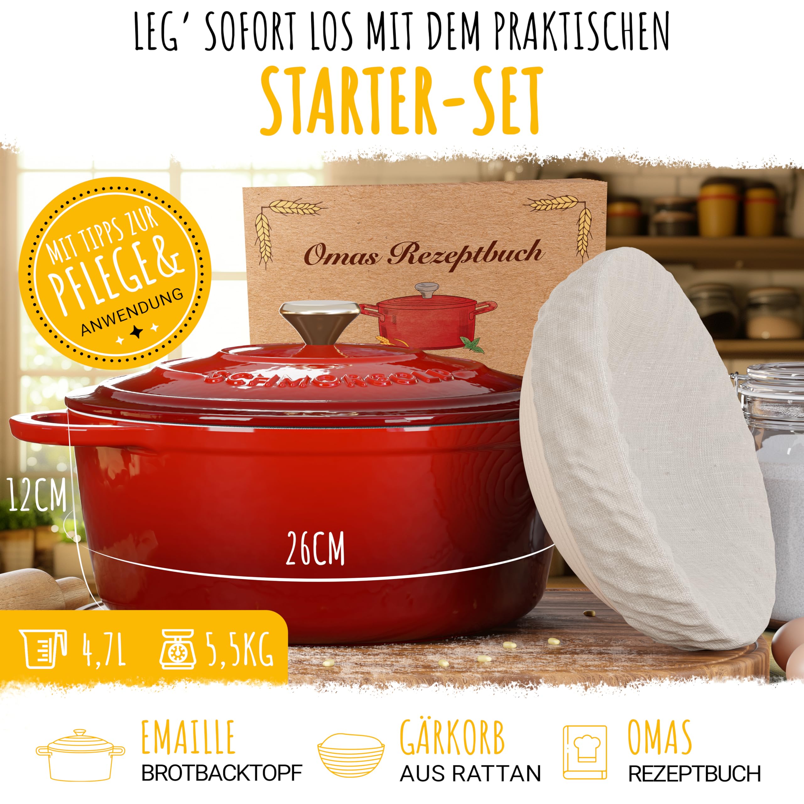 Susani SCHMORGOLD Brotbackform 26cm inkl. Gärkorb - Gusseisen Topf zum Brot Backen - emaille Topf, Schmortopf Gusseisen, Brottopf, Brot Backen Zubehör