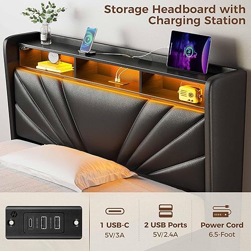 Miniatura 13 de Rolanstar Base de cama tamaño King, cabecera de almacenamiento con estación de carga y luces LED, cama tapizada con listones de madera resistentes,