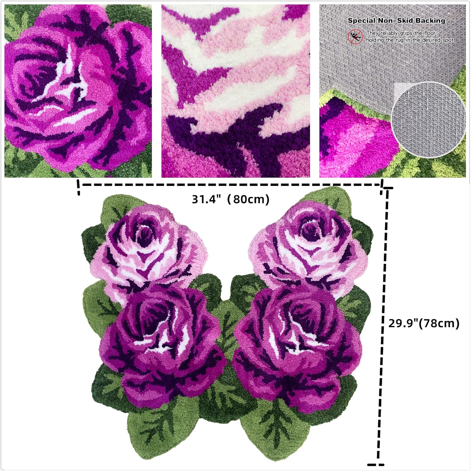 ABREEZE Rose Rug Toilet Rug, Shaggy U-Shaped Bathroom Rugs, Soft Comfortable Contour Mat for Bathroom Floor Rose Shaped Carpet, 31 X 29, Non-Slip Bath Carpet, Purple