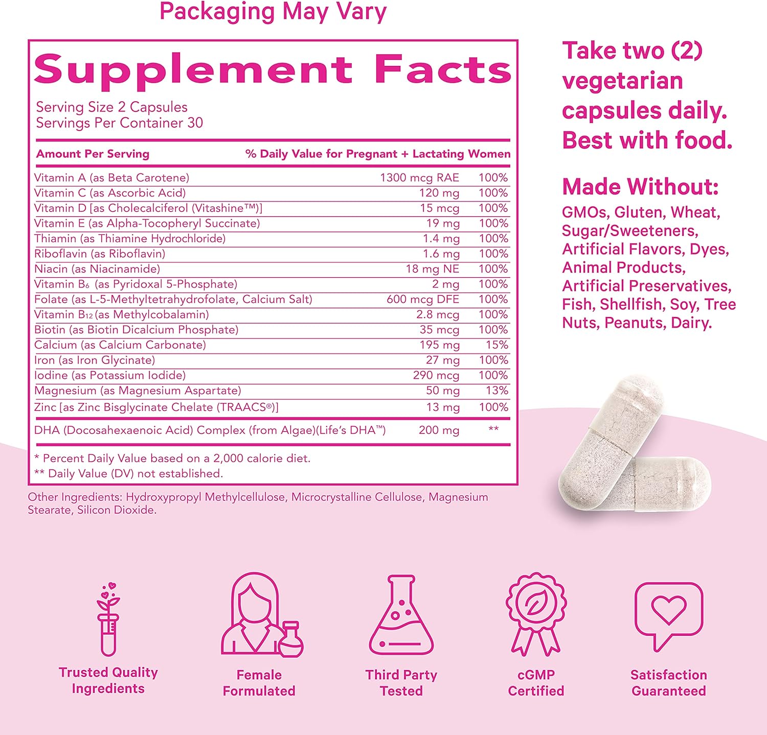 Pink Stork Total Prenatal Vitamin with DHA and Folic Acid: Doctor Formulated, Fertility Supplements for Women, Folate, Iron, Biotin, Vitamin D, Vitamin C + Zinc, Women-Owned, 60 Vegetarian Capsules : Health & Household