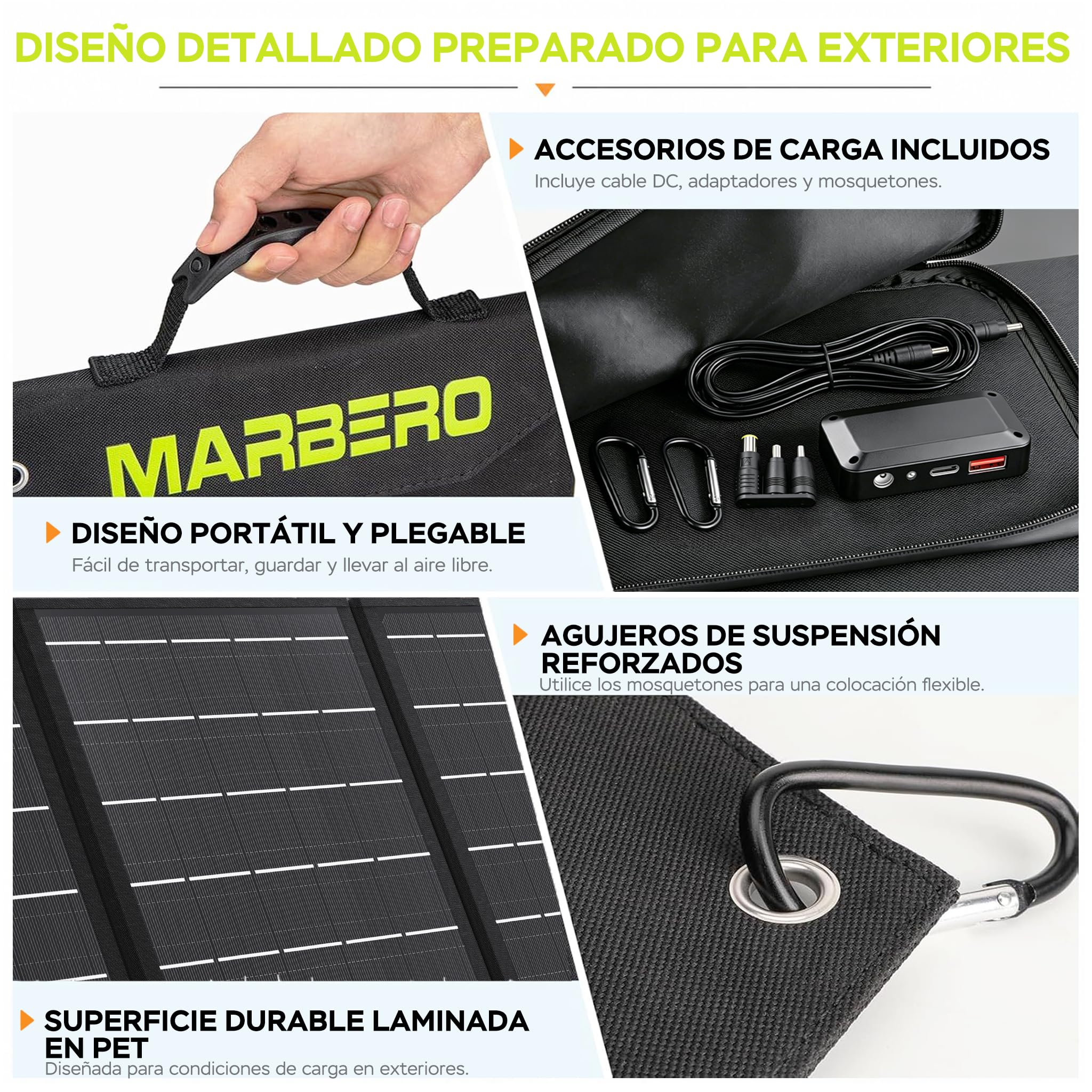 MARBERO Panel Solar Plegable 30W 16.5V, Cargador Solar Compacto y Ligero con Salida QC3.0 USB, Type-C y DC – Ideal para Smartphone, Tablet, Powerbank, Camping, Senderismo y Actividades al Aire Libre