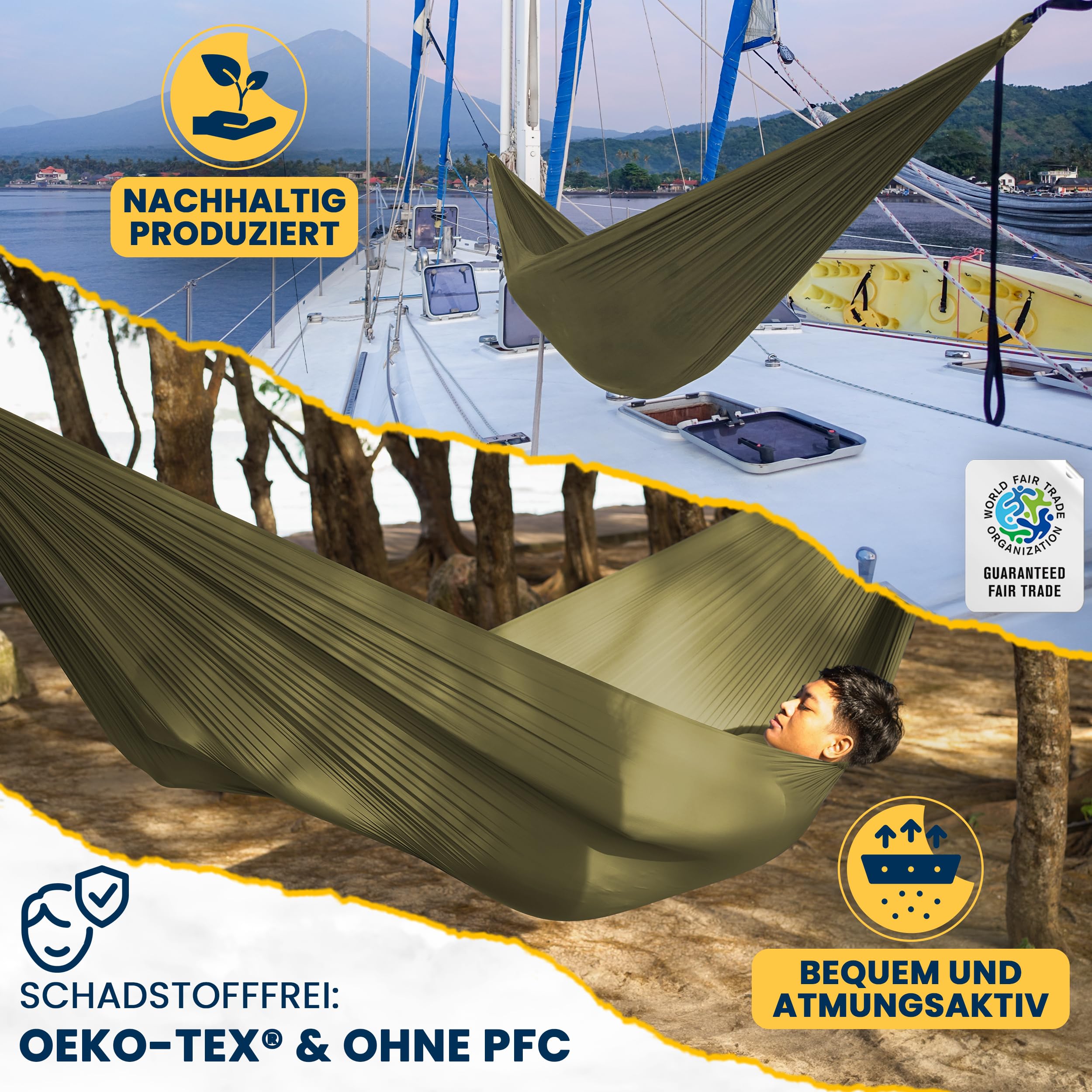 Ticket to the Moon Fair Trade & Artisanal Compact-Hamac Vert Militaire pour Voyages, Camping, Jardin, Maison, 3.2 * 1.55m, 480g, Durable Nylon en Soie De Parachute, Installation < 1min