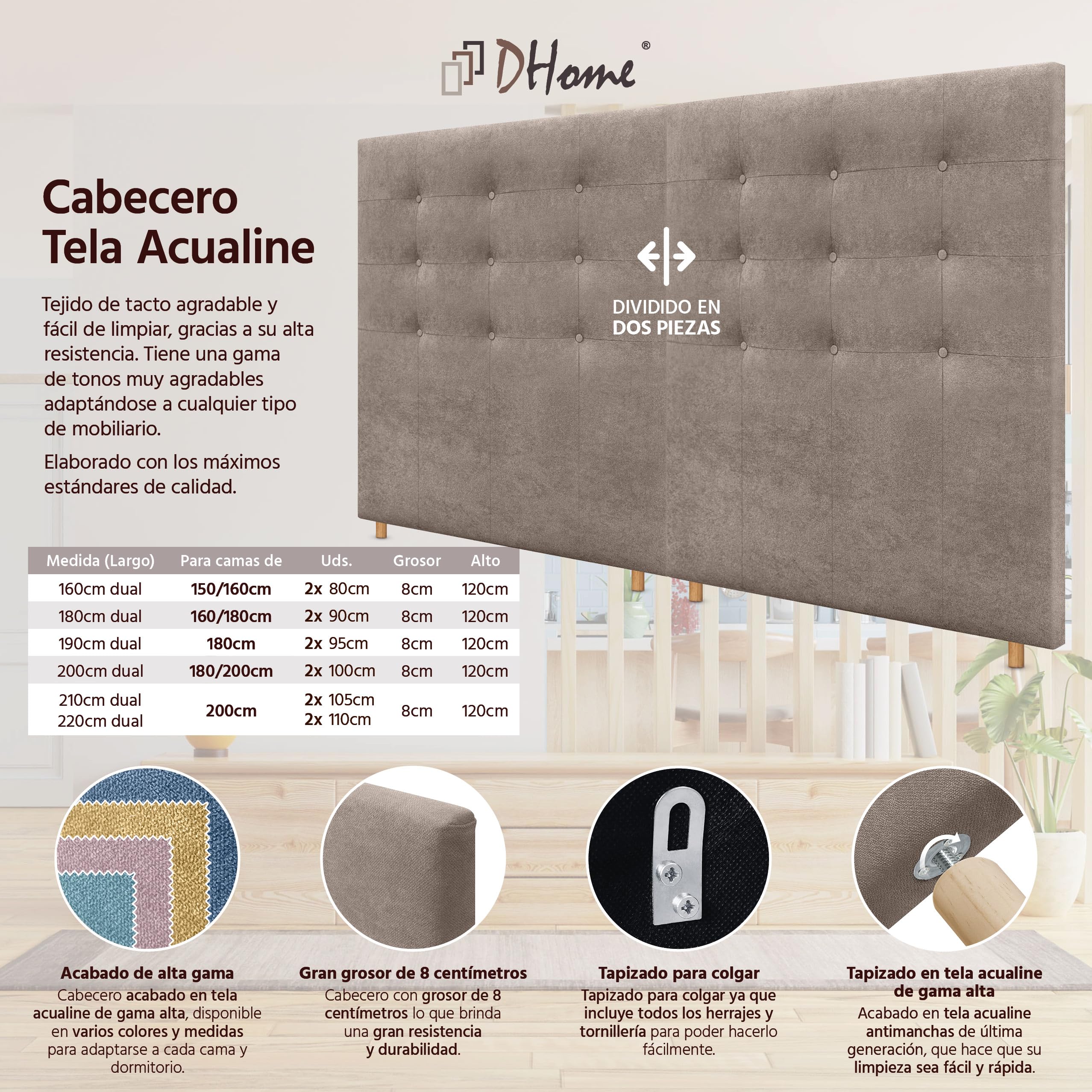 DHOME Cabecero Tapizado Capitoné Suelo 2 hileras Amplio de Tela Aqualine para Cama Matrimonio Cabezal Dormitorio (Tierra, 210cm Dual)