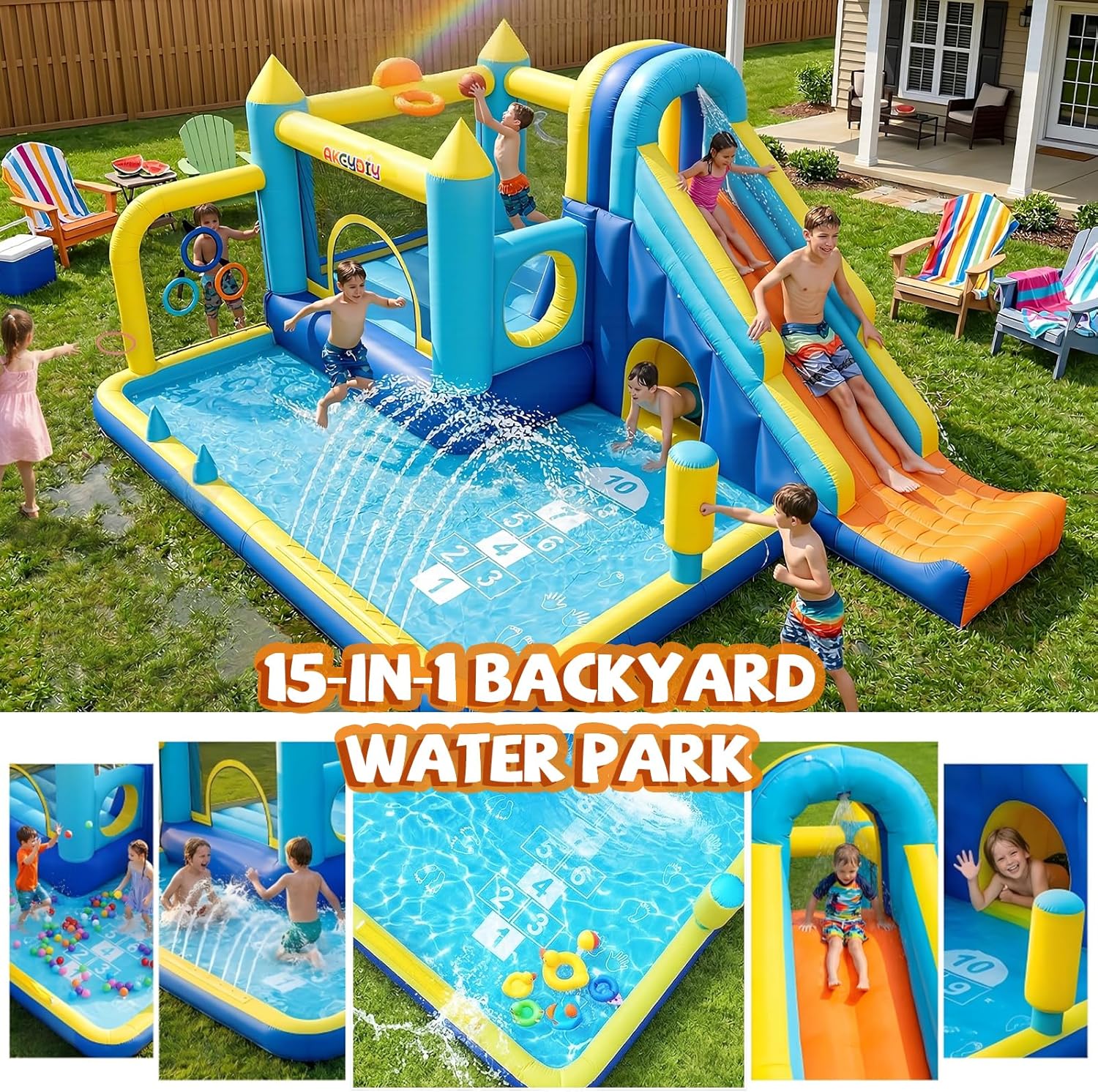 AKEYDIY Inflatable Bounce House, 15-in-1 Big Water Slide Backyard for Kids 3–12, Outdoor/Indoor Jumping Castle with with Jumping Area, Long Slide, Tunnel, Climbing Wall&Ball Pit