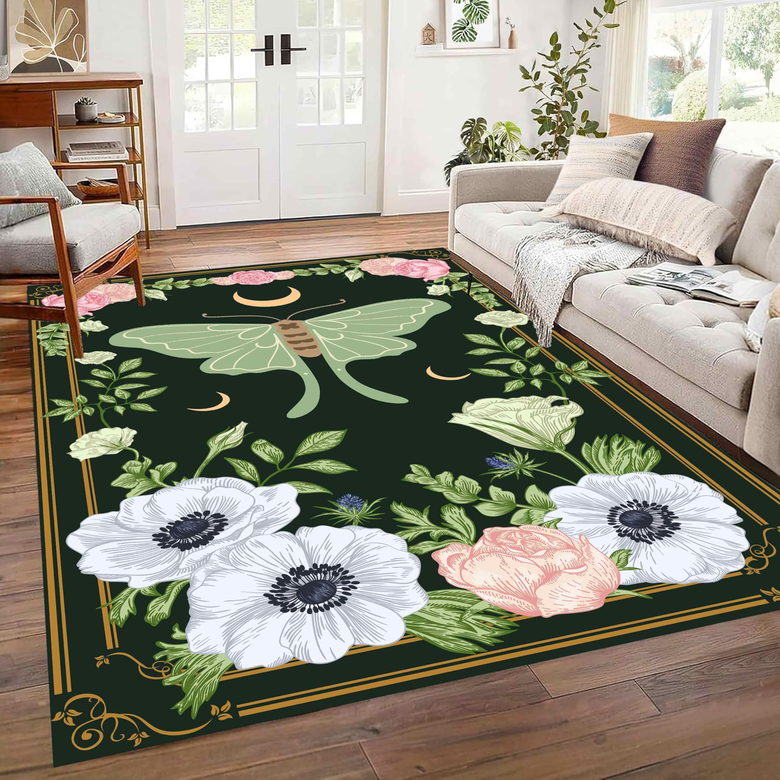 Kuluoits Moth Rug for Living Rooms, 160x200cm Vintage Floral White Peony Pink Rose Leaf Green Rug, Soft Durable Machine-Washable Country-Style Rugs Carpet for Farmhouse Dining Tables Entryways
