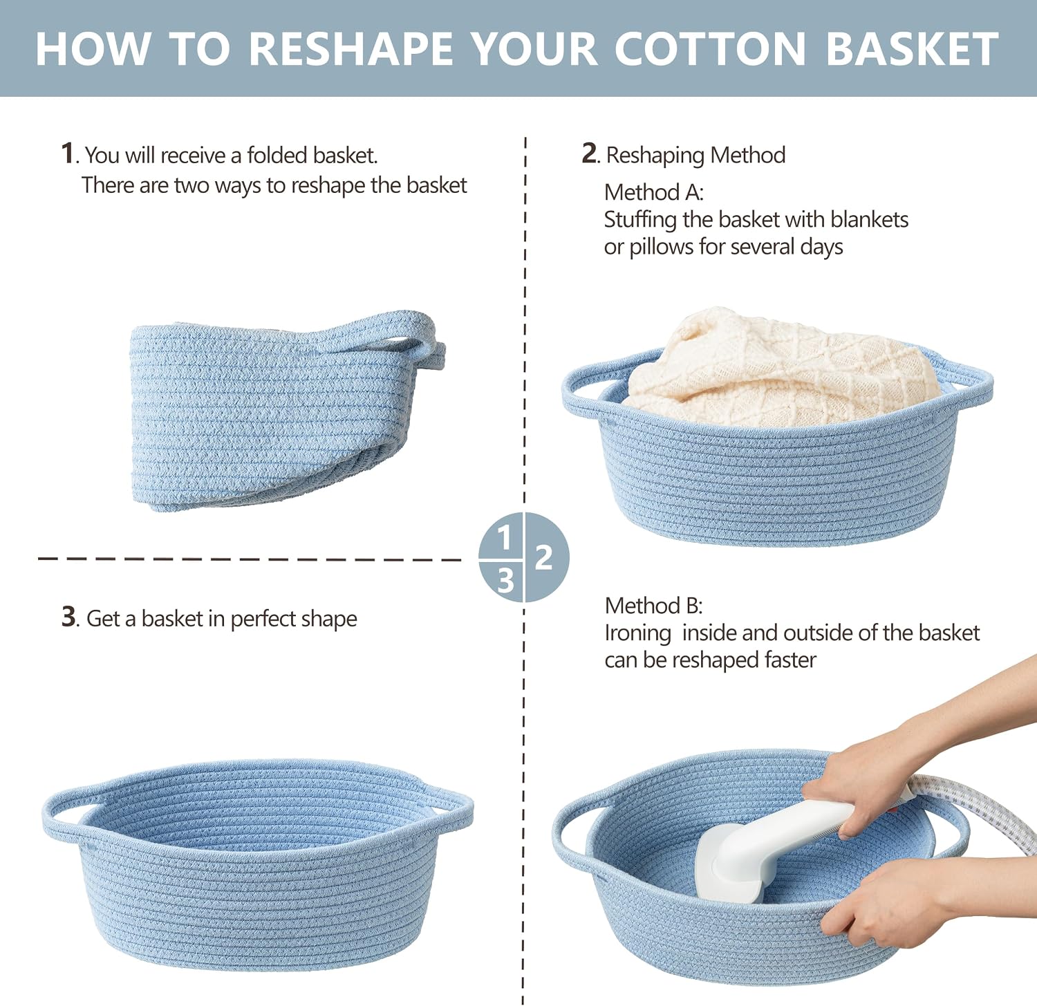 UBBCARE Small Woven Basket for Gifts, Cotton Rope Storage Basket for Shelf, Gift Baskets Empty with Handle, Dog Toy Basket for Organizing, Blue Basket for Nursery (12"x 8" x 5")