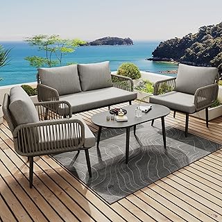Merax Gartenmöbel Set, Balkonmöbel aus verzinktem Stahl, Terrassenmöbel mit 2-Sitzer-Sofa, 2 Sesseln & Couchtisch, mit bequemen Kissen, Glasplatte in Holzmaserung, für Garten, Terrasse & Balkon, Grau