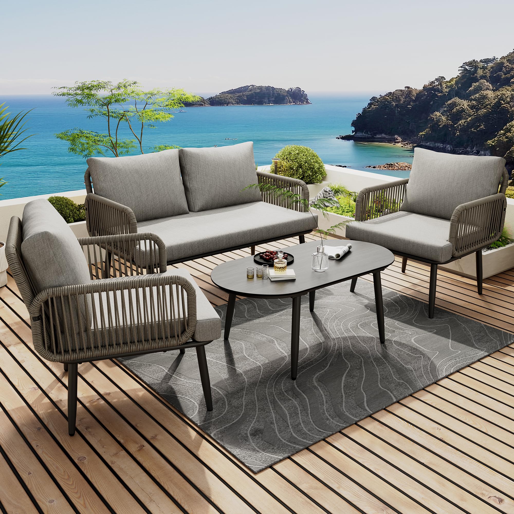 Set di sedie da giardino, con comodo cuscino, divano a 2 posti, 2 poltrone e tavolino da caffè, in acciaio zincato, corda intrecciata a mano, piano in vetro in stile venatura del legno, grigio