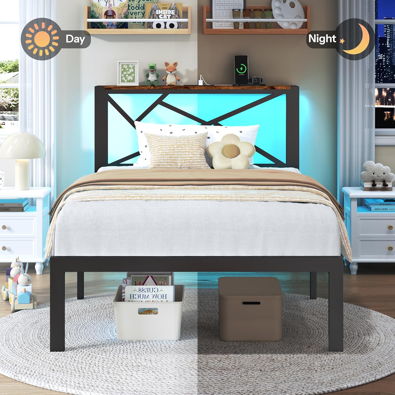 Twin Size Metal Bed Frame with LED Lights, Storage Headboard with Charging Station, Modern Twin Platform Bed with Heavy Duty Supports, No Box Spring Needed, Noise Free, Easy Assembly, Black