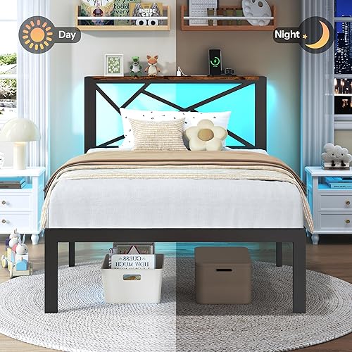 Miniatura 8 de Marco de cama de metal tamaño individual con luces LED, cabecera con almacenamiento y estación de carga, moderna cama de plataforma individual con
